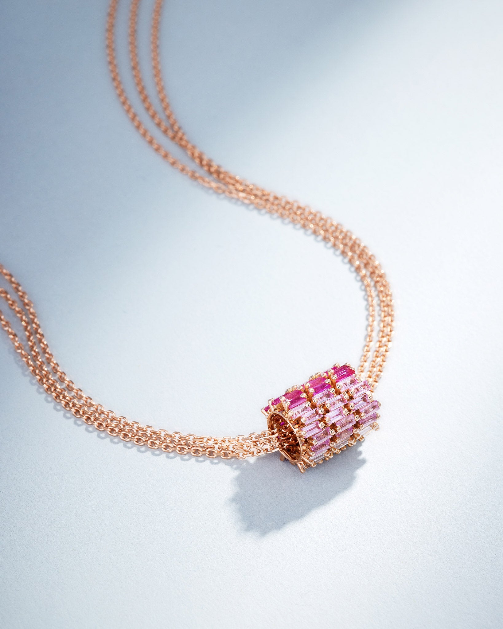 Suzanne Kalan Infinite Triple Row Pink Ombre Sapphire & Diamond Rondelle Pendant in 18k rose gold