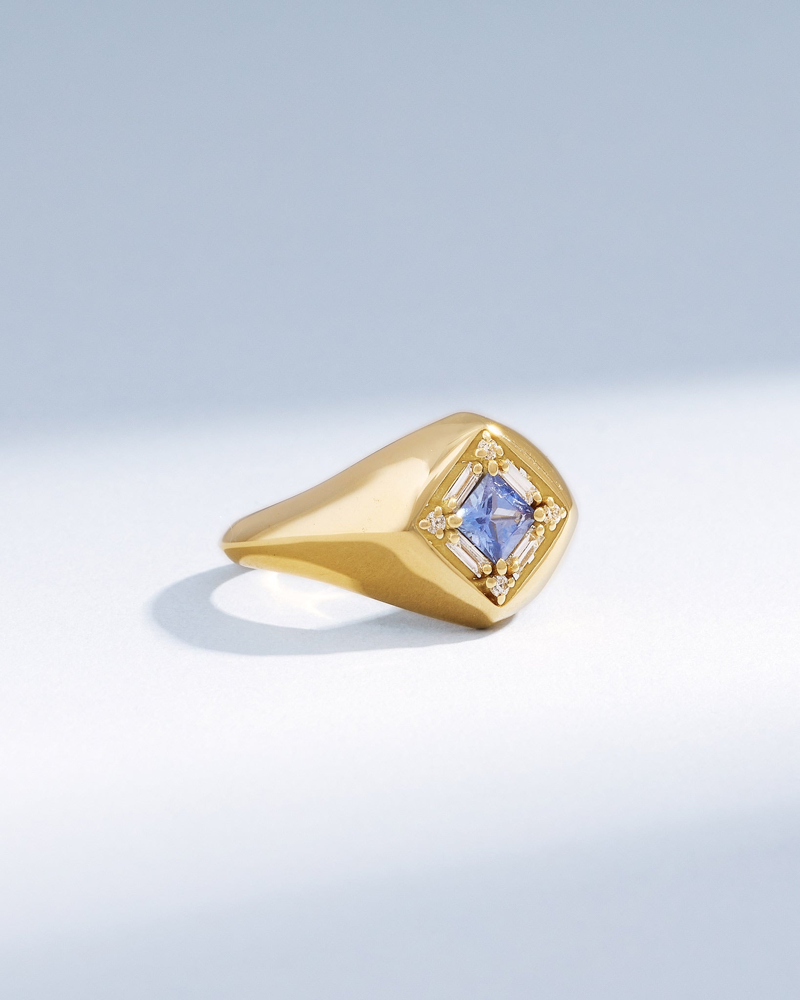 Suzanne Kalan Princess Light Blue Sapphire Signet Ring in 18k yellow gold