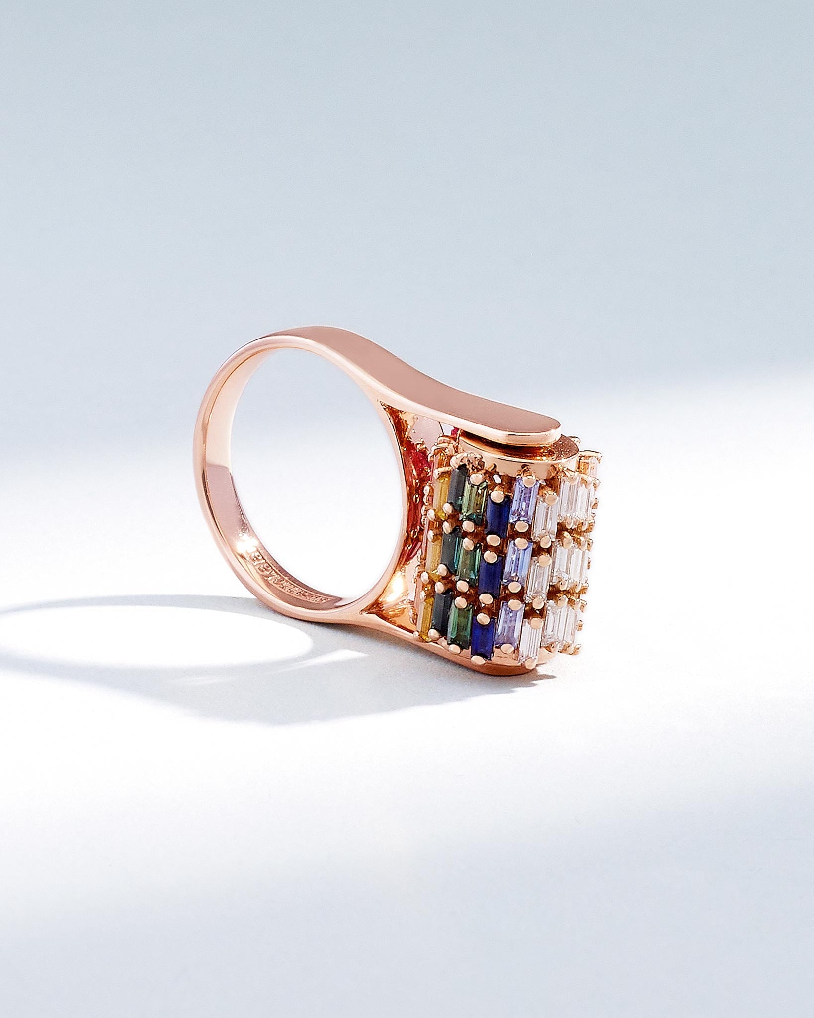 Suzanne Kalan Infinite Triple Row Rainbow Sapphire Spinner Ring in 18k rose gold