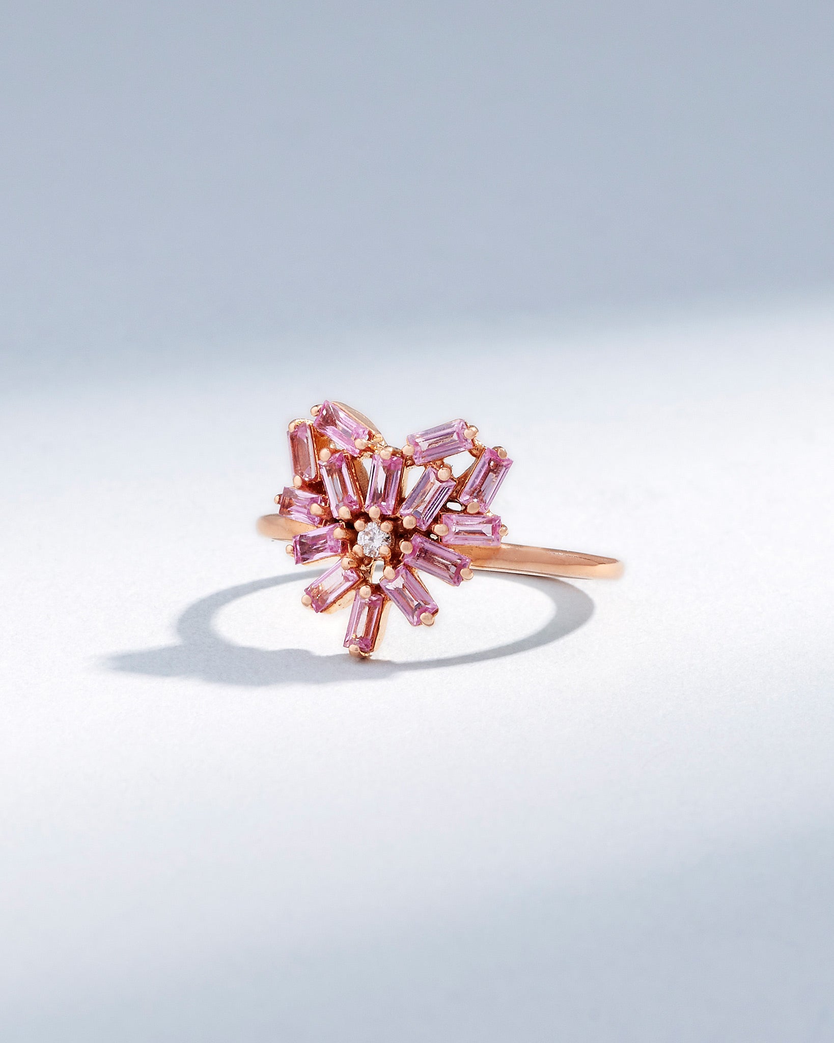 Suzanne Kalan Baguette Cut Pink Sapphire Small Curved Heart Ring in 18k rose gold