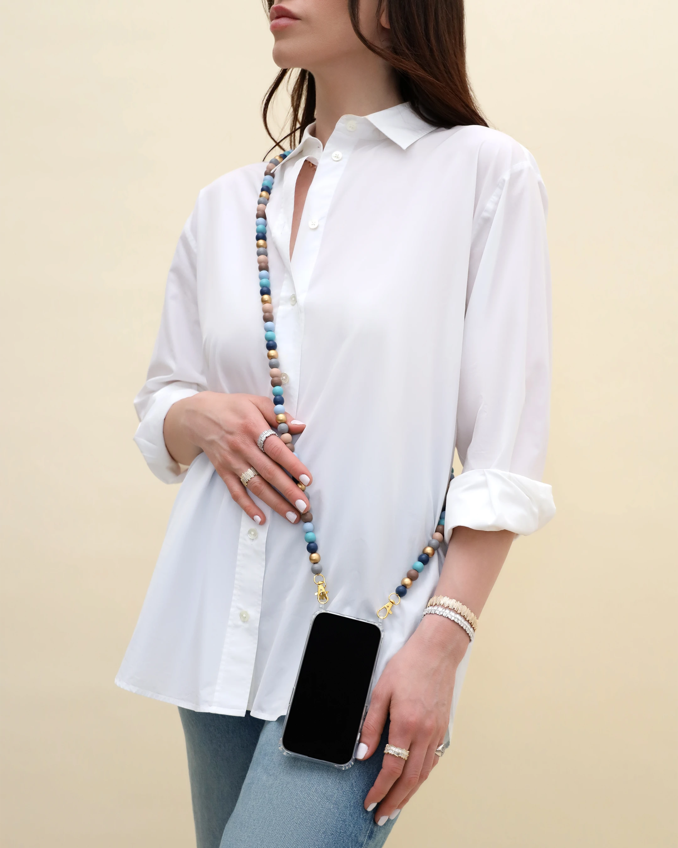 Suzanne Kalan Small Beaded Blue Pastel Mix Crossbody Phone Strap