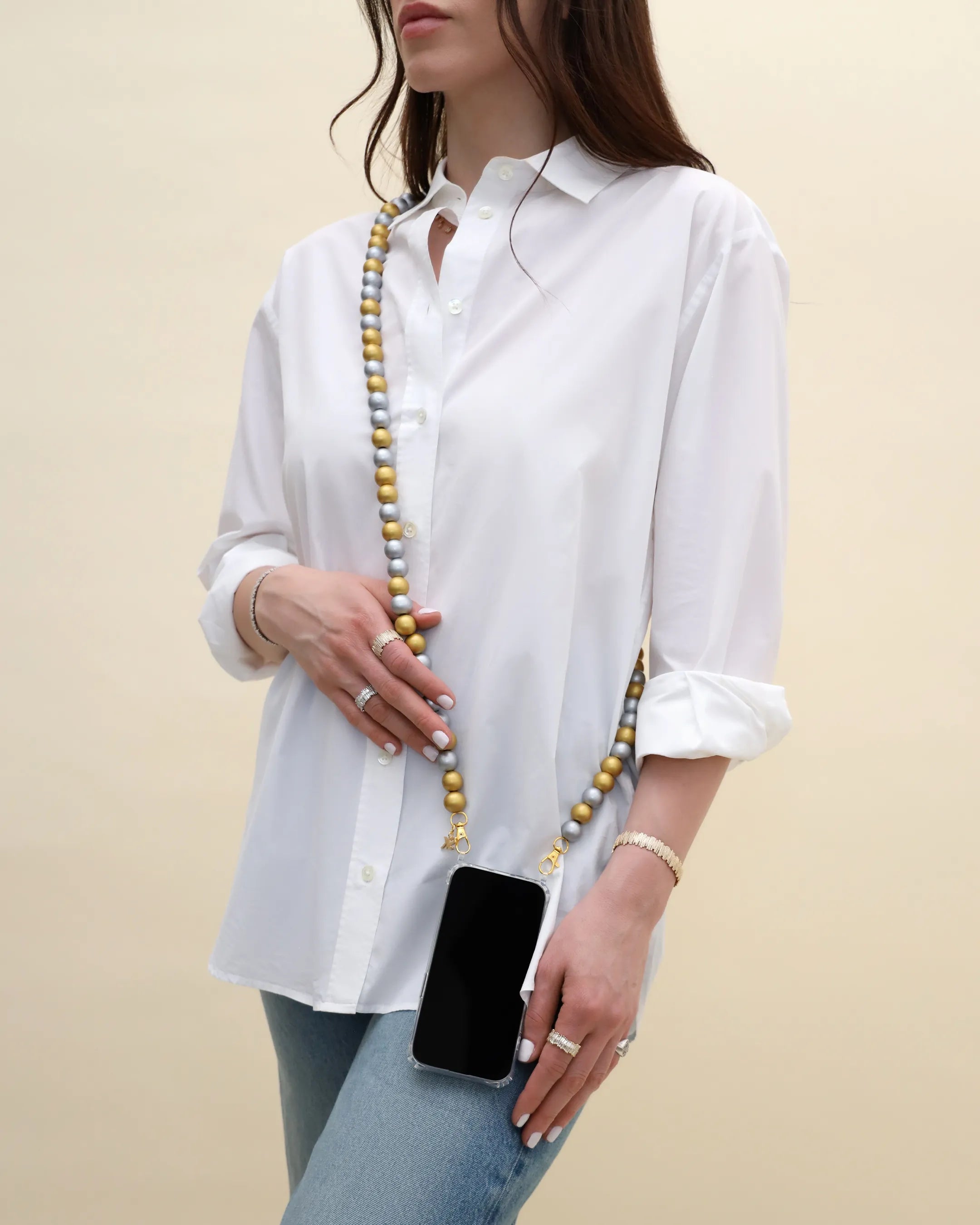 Suzanne Kalan Large Beaded Two-Tone Metallic Crossbody Phone Strap