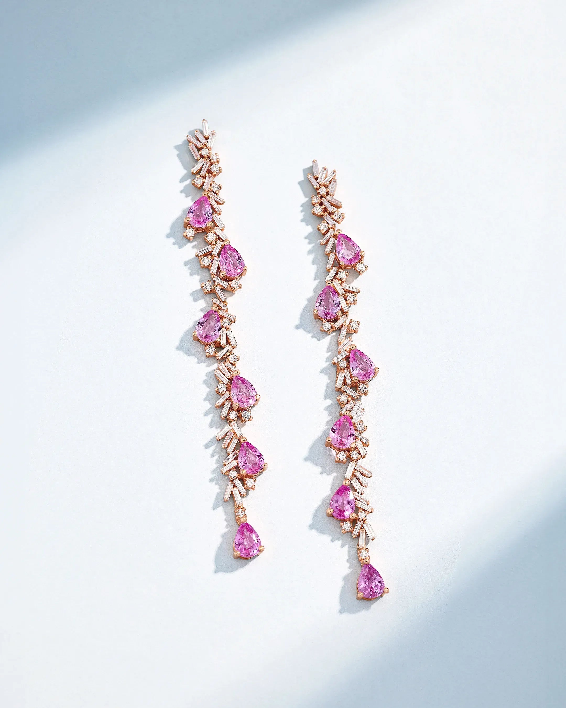 Suzanne Kalan One of a Kind Cascade Pear Shape Pink Sapphire Drop Earrings in 18k rose gold