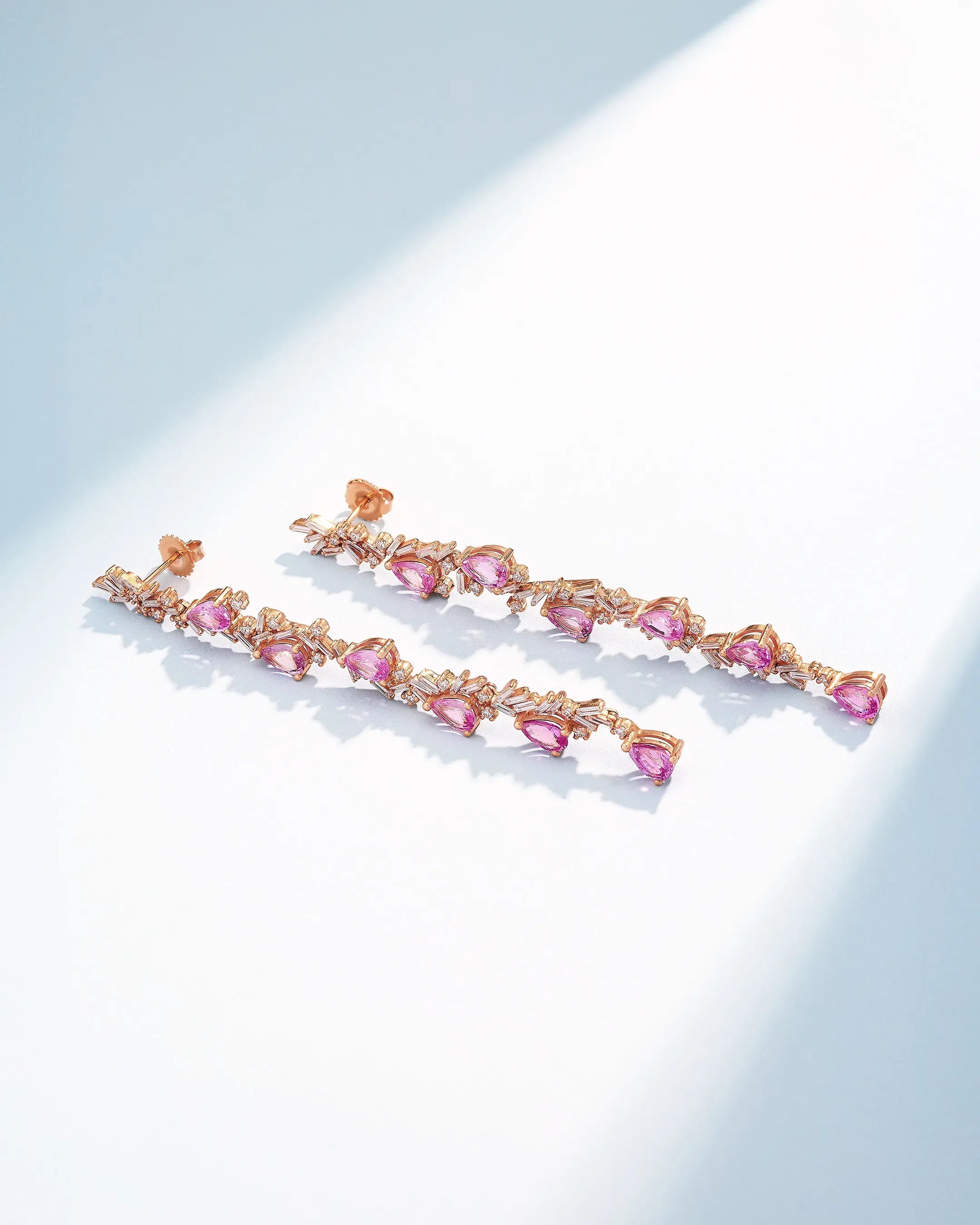 Suzanne Kalan One of a Kind Cascade Pear Shape Pink Sapphire Drop Earrings in 18k rose gold