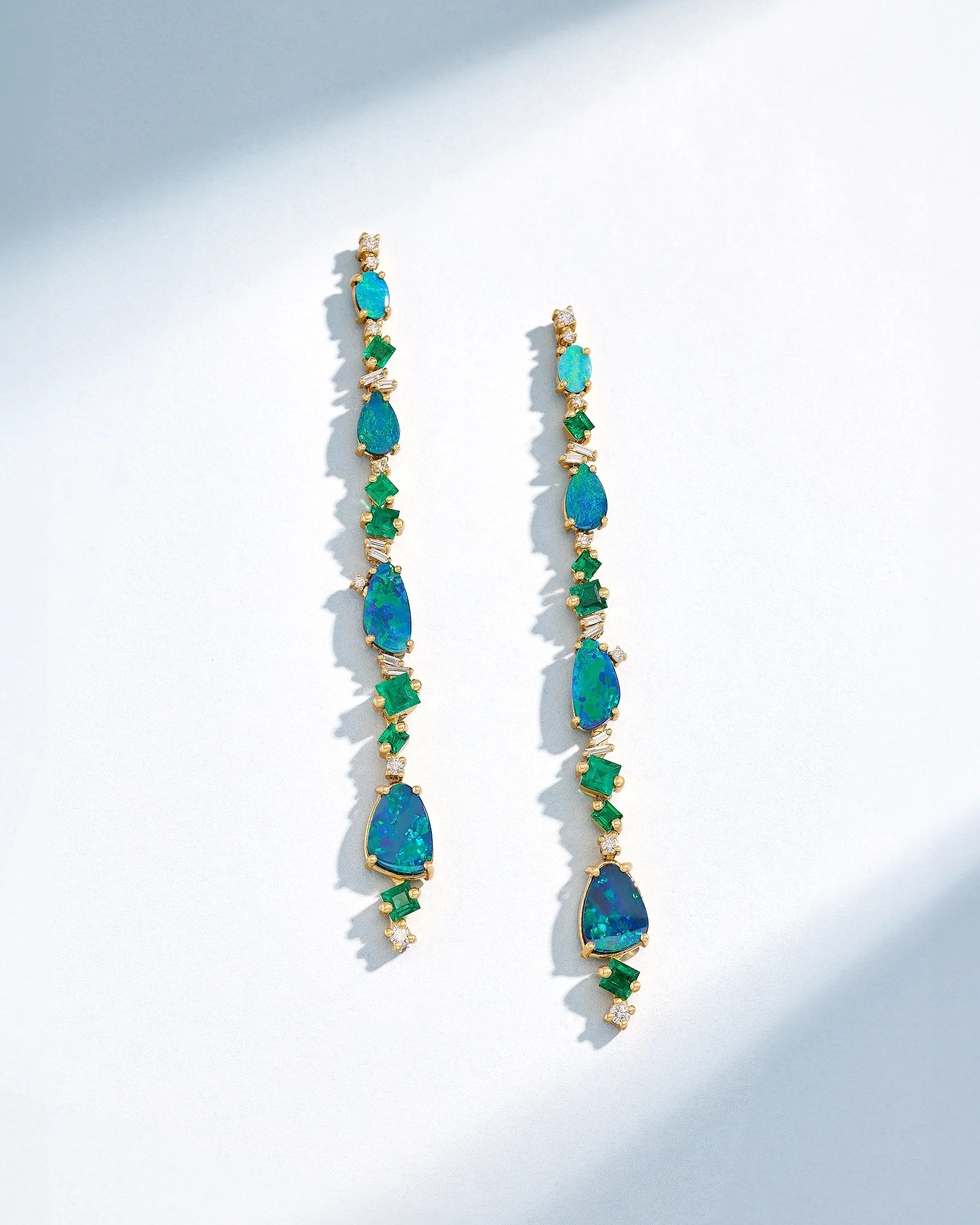 Suzanne Kalan One of a Kind Opal Doublet & Emerald Drop Earrings in 18k yellow gold