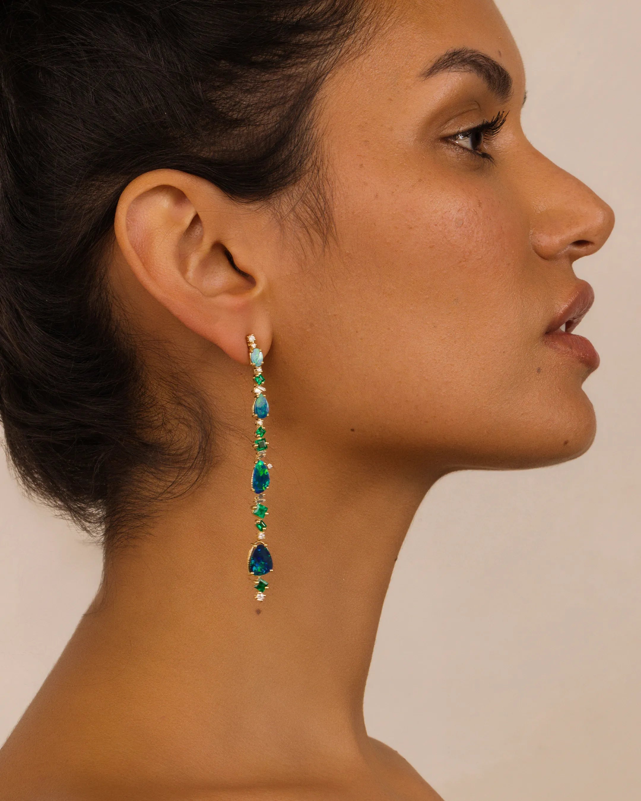 Suzanne Kalan One of a Kind Opal Doublet & Emerald Drop Earrings in 18k yellow gold