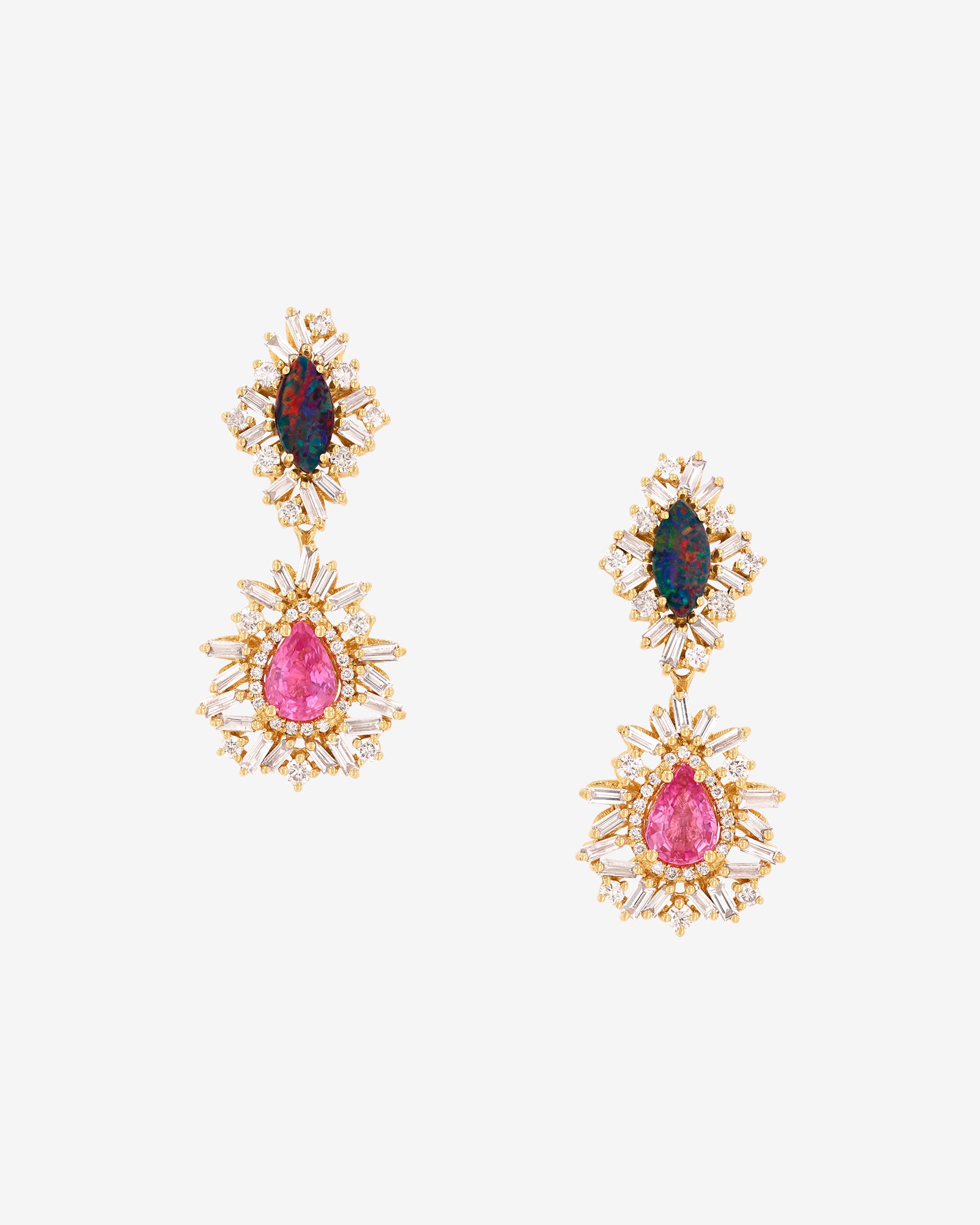 Suzanne Kalan One of a Kind Opal Doublet & Pink Sapphire Tear Drop Earrings in 18k yellow gold