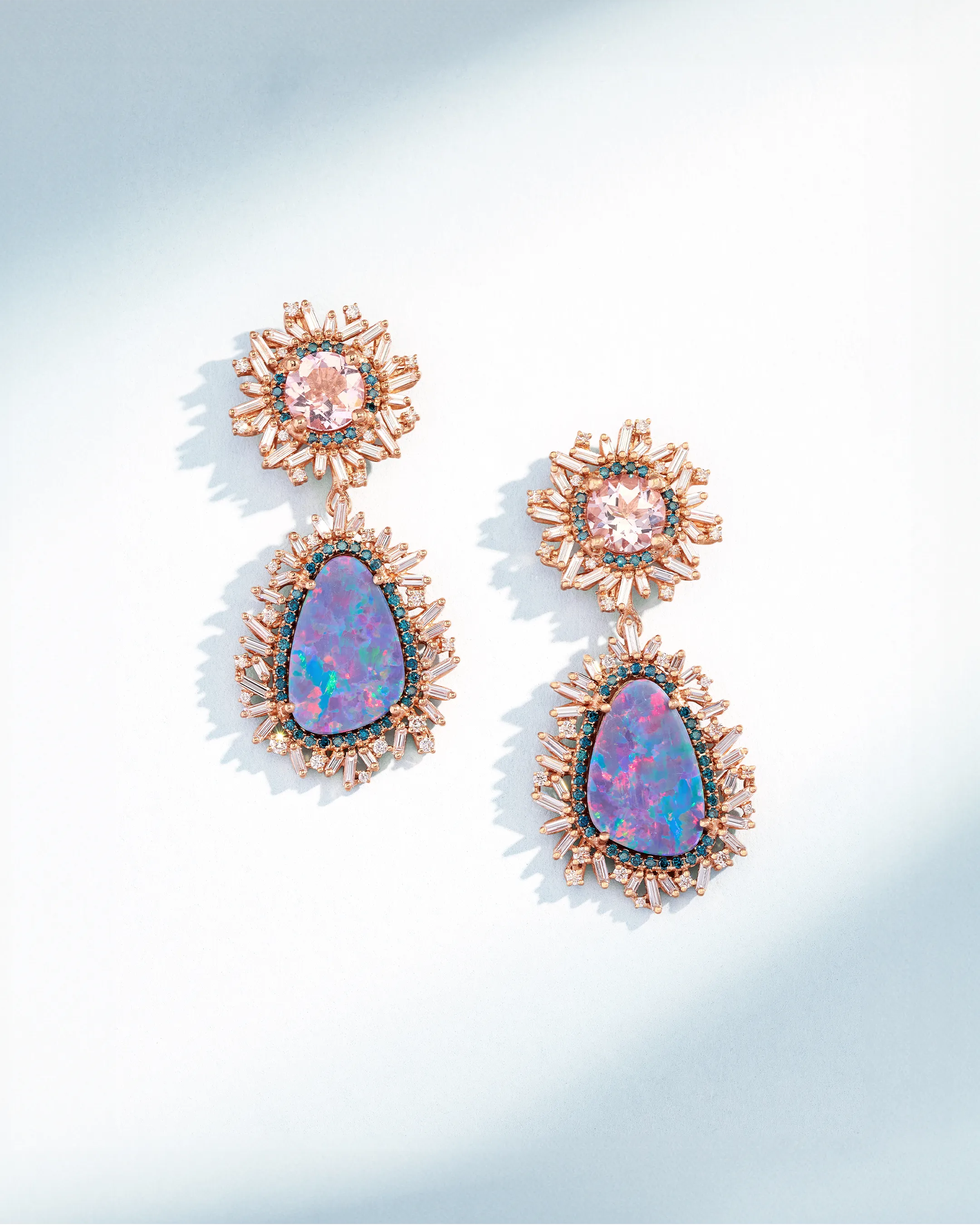 Suzanne Kalan One of a Kind Stellar Opal Doublet & Morganite Drop Earrings in 18k rose gold