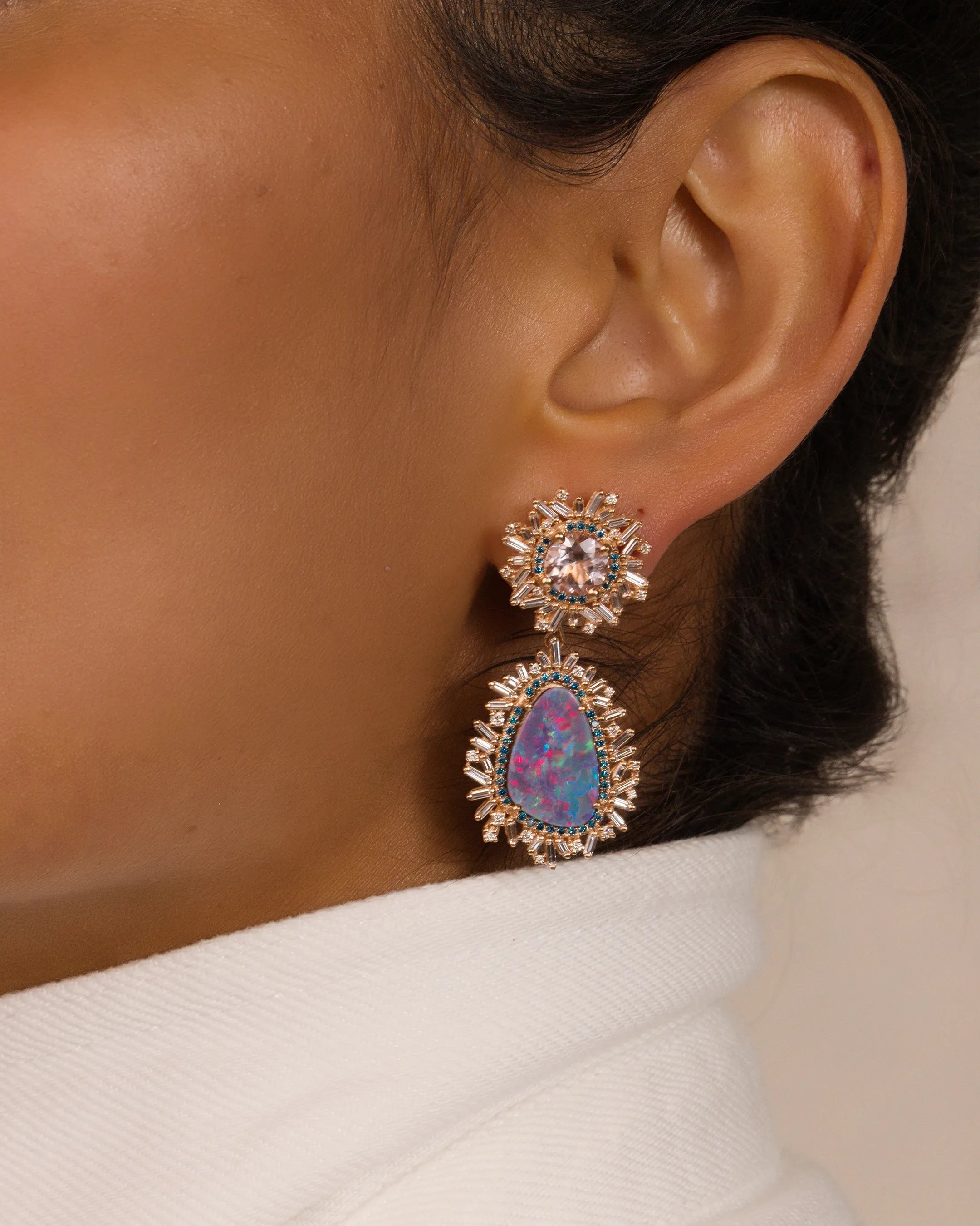 Suzanne Kalan One of a Kind Stellar Opal Doublet & Morganite Drop Earrings in 18k rose gold
