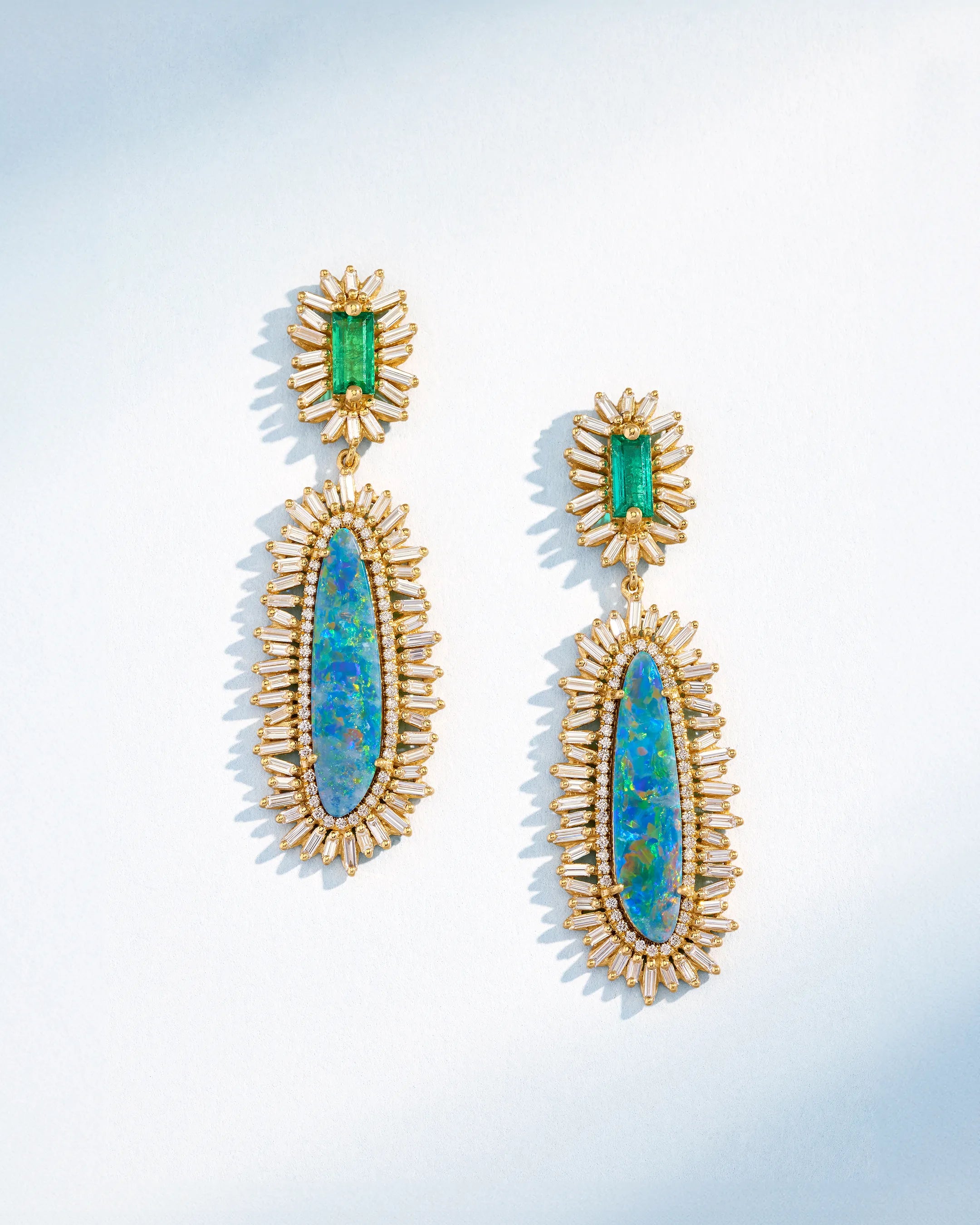 Suzanne Kalan One of a Kind Baguette-Cut Emerald & Oval Shape Opal Doublet Milli Drop Earrings in 18k yellow gold