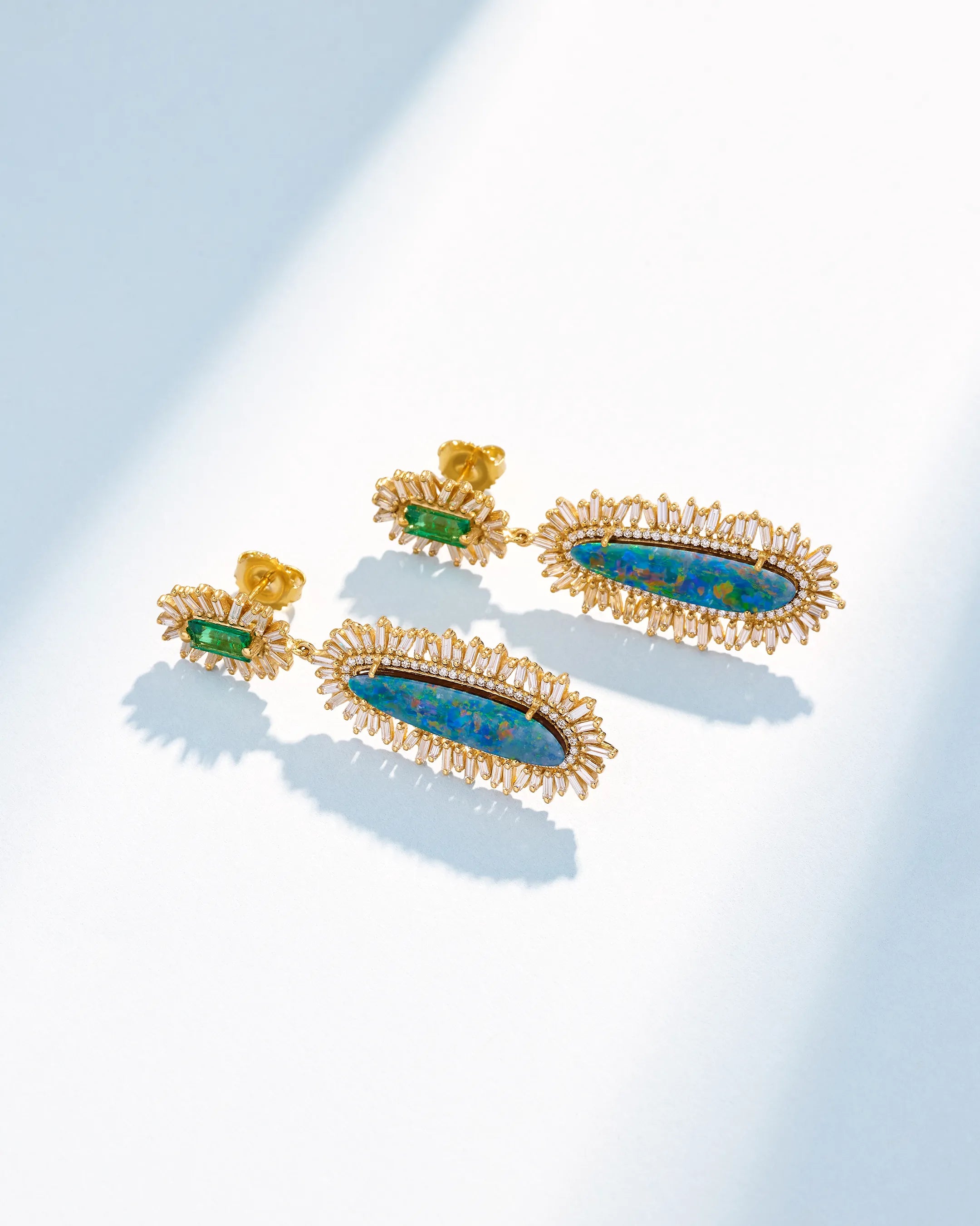 Suzanne Kalan One of a Kind Baguette-Cut Emerald & Oval Shape Opal Doublet Milli Drop Earrings in 18k yellow gold