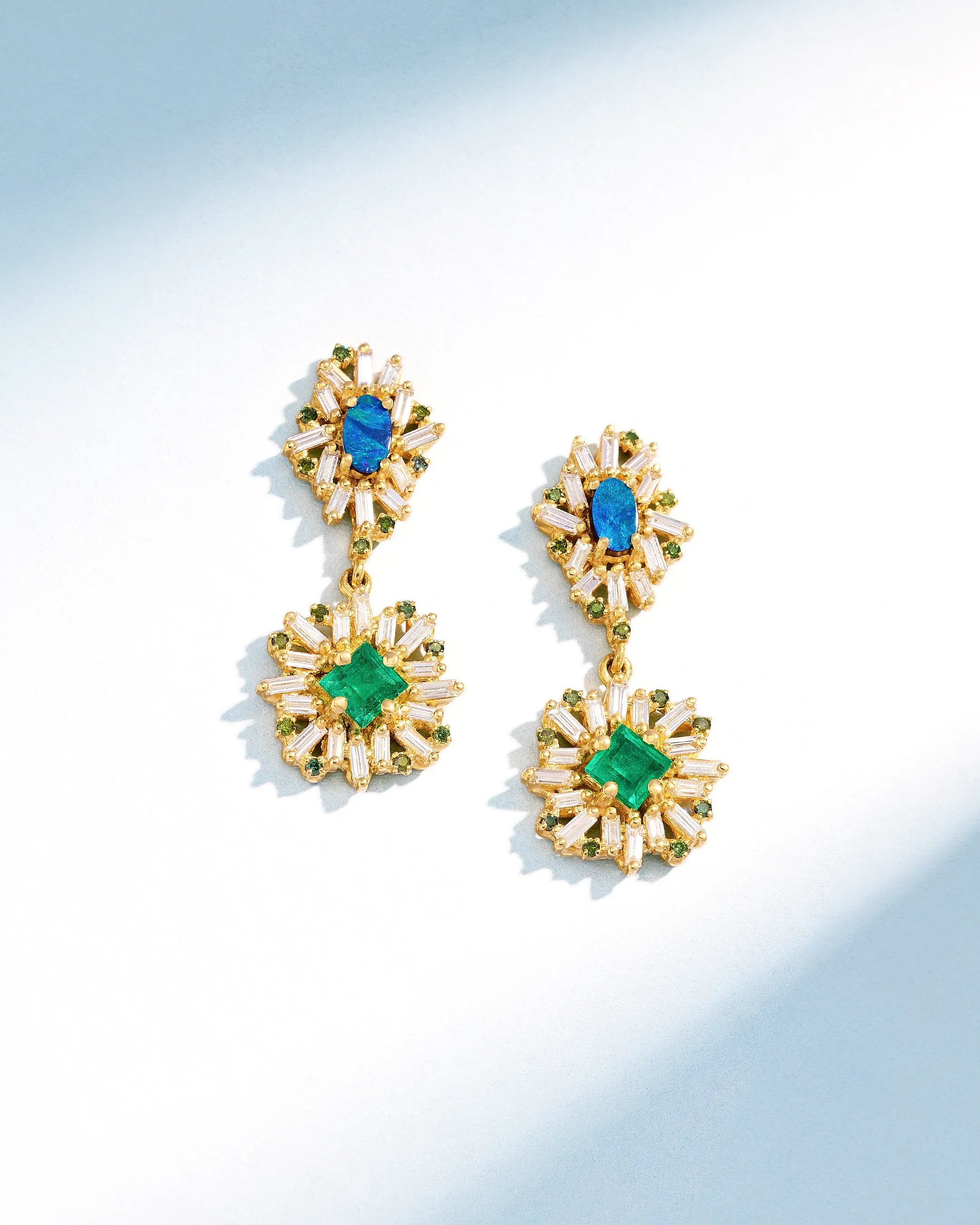 Suzanne Kalan One of a Kind Oval Shape Opal Doublet & Princess-Cut Emerald Mini Drop Earrings in 18k yellow gold