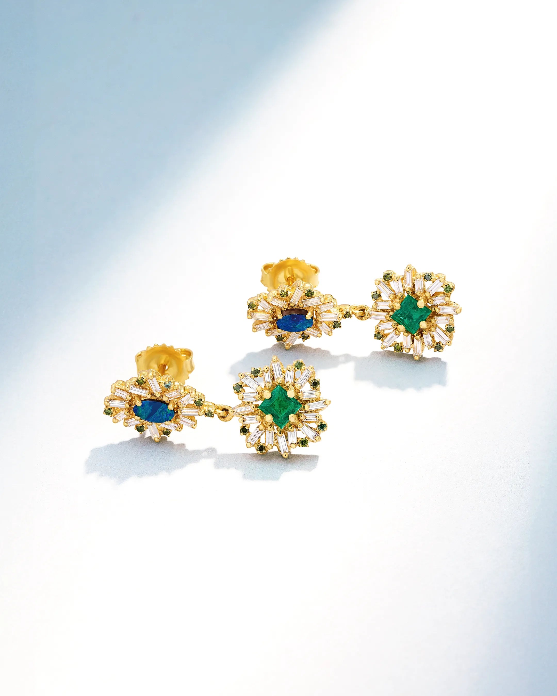 Suzanne Kalan One of a Kind Oval Shape Opal Doublet & Princess-Cut Emerald Mini Drop Earrings in 18k yellow gold