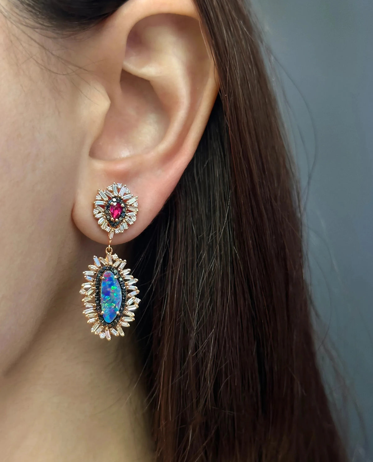 Suzanne Kalan One of a Kind Opal Doublet & Pear Shaped Ruby Drop Earrings in 18k rose gold