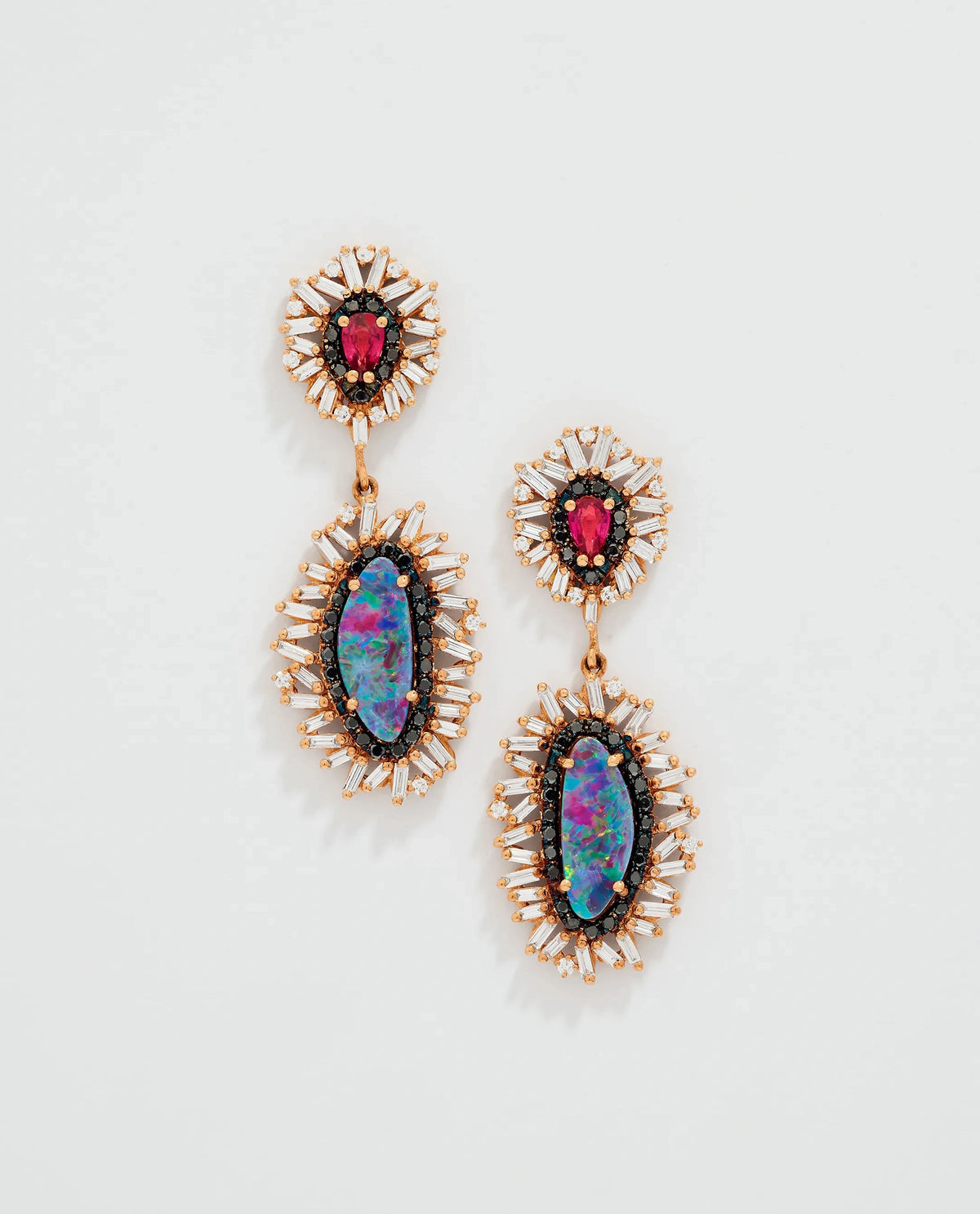 Suzanne Kalan One of a Kind Opal Doublet & Pear Shaped Ruby Drop Earrings in 18k rose gold