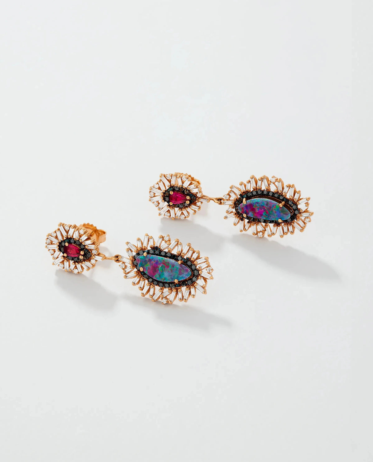 Suzanne Kalan One of a Kind Opal Doublet & Pear Shaped Ruby Drop Earrings in 18k rose gold