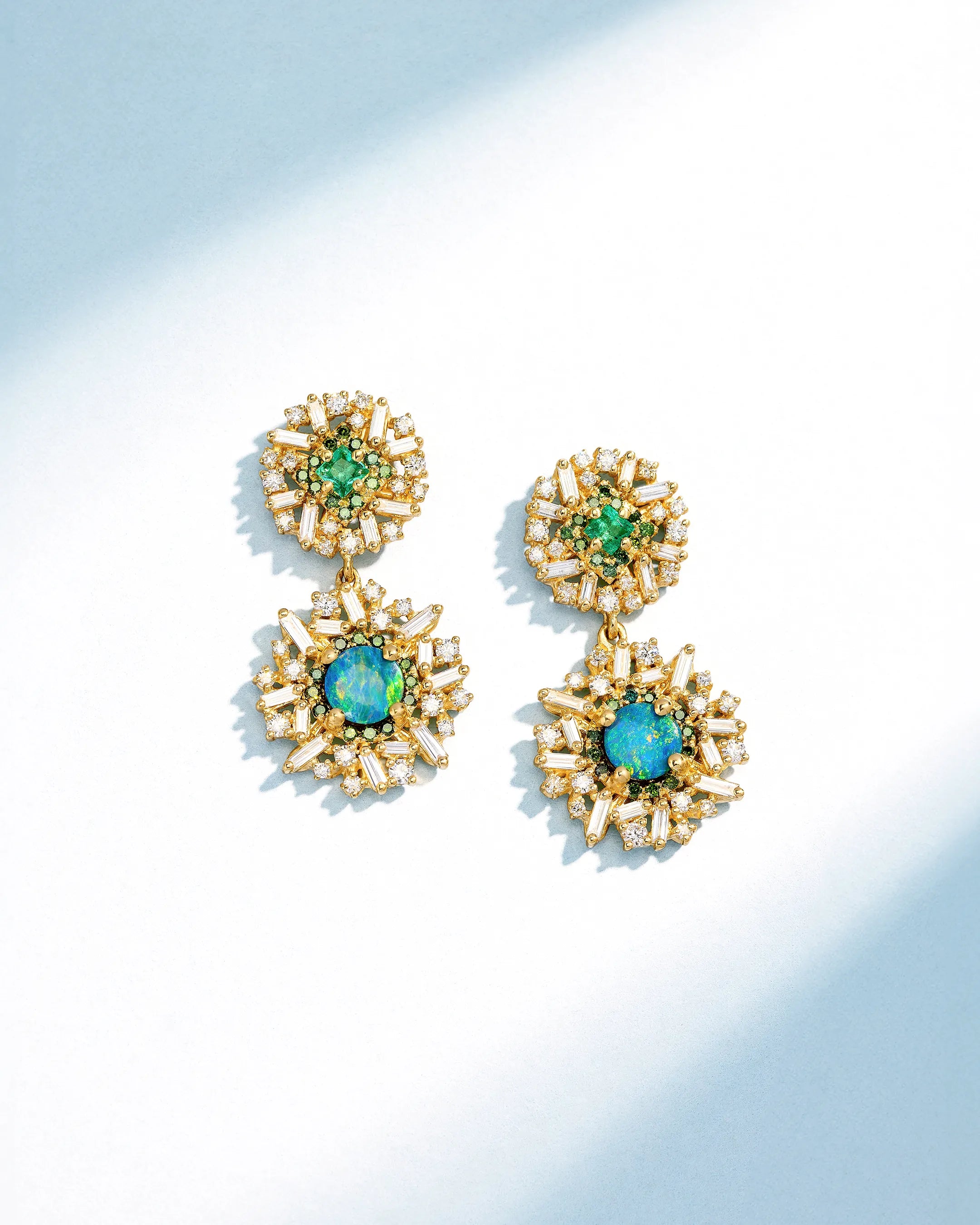 Suzanne Kalan One of a Kind Princess-Cut Emerald & Round Opal Doublet Mini Drop Earrings in 18k yellow gold