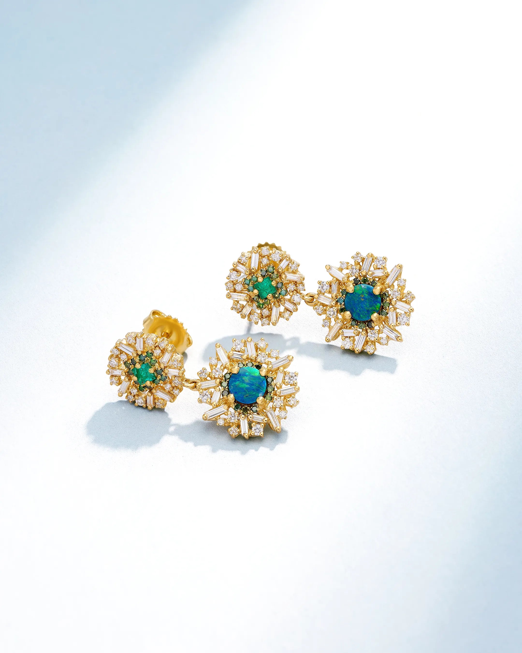 Suzanne Kalan One of a Kind Princess-Cut Emerald & Round Opal Doublet Mini Drop Earrings in 18k yellow gold