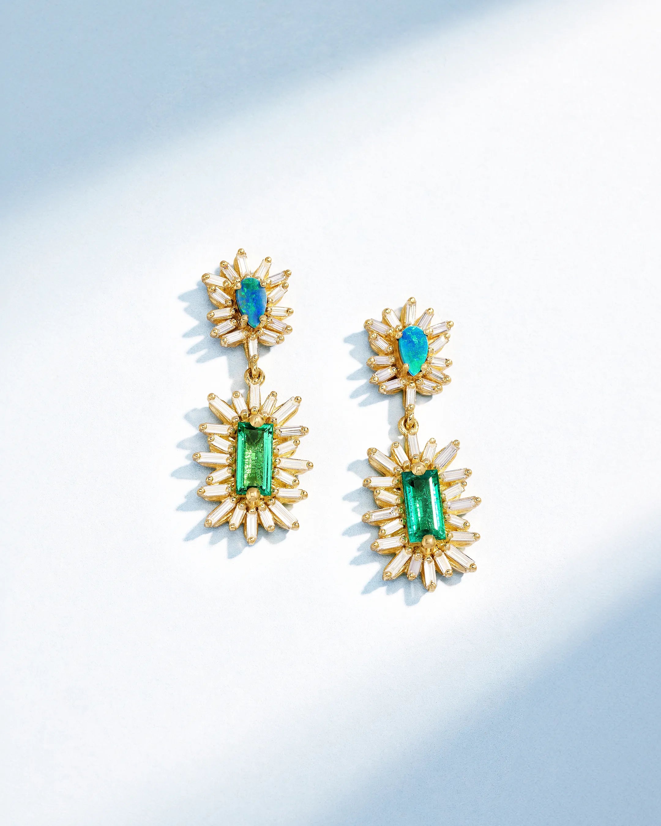 Suzanne Kalan One of a Kind Pear Shape Opal Doublet & Baguette-Cut Emerald Mini Drop Earrings in 18k yellow gold