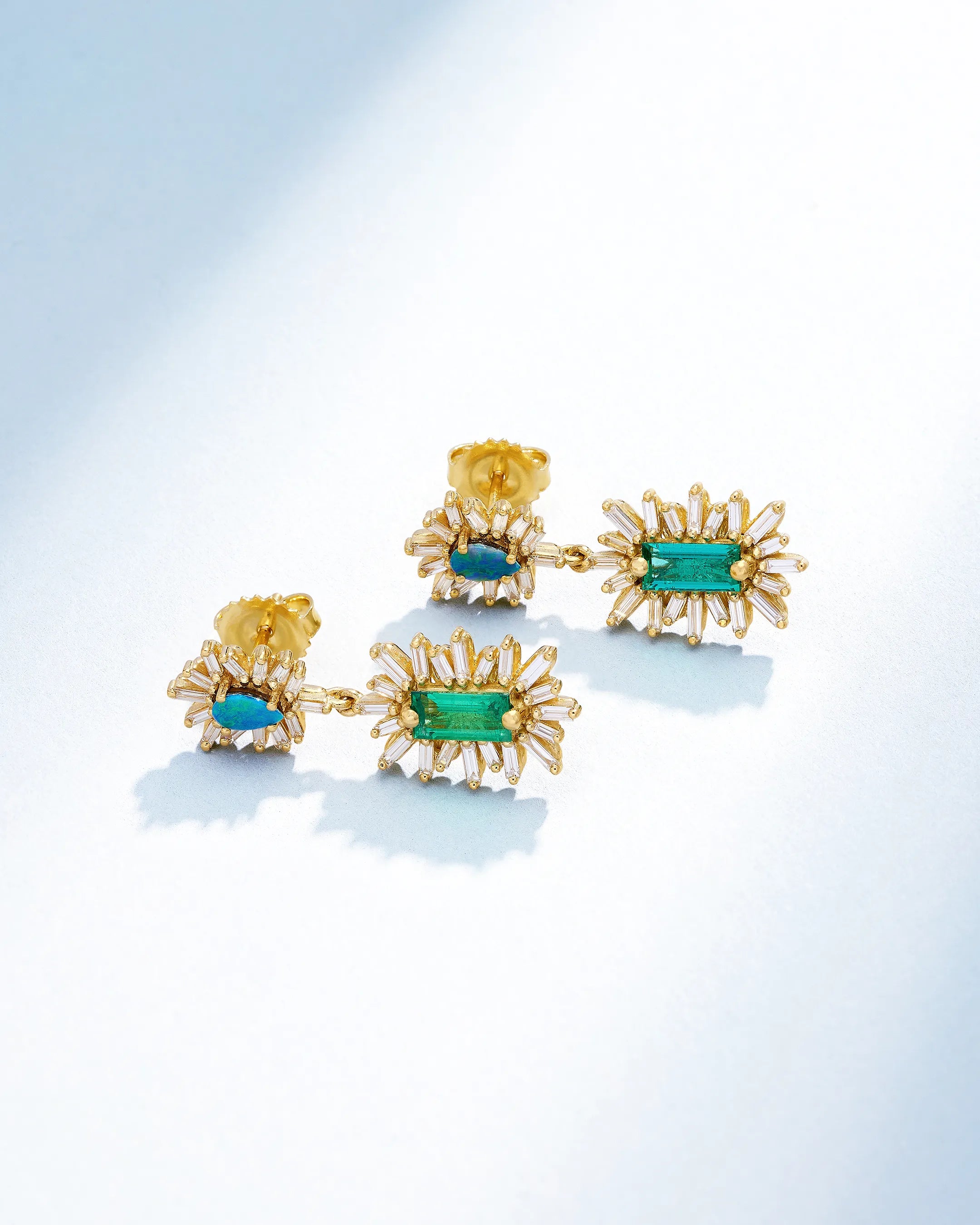Suzanne Kalan One of a Kind Pear Shape Opal Doublet & Baguette-Cut Emerald Mini Drop Earrings in 18k yellow gold