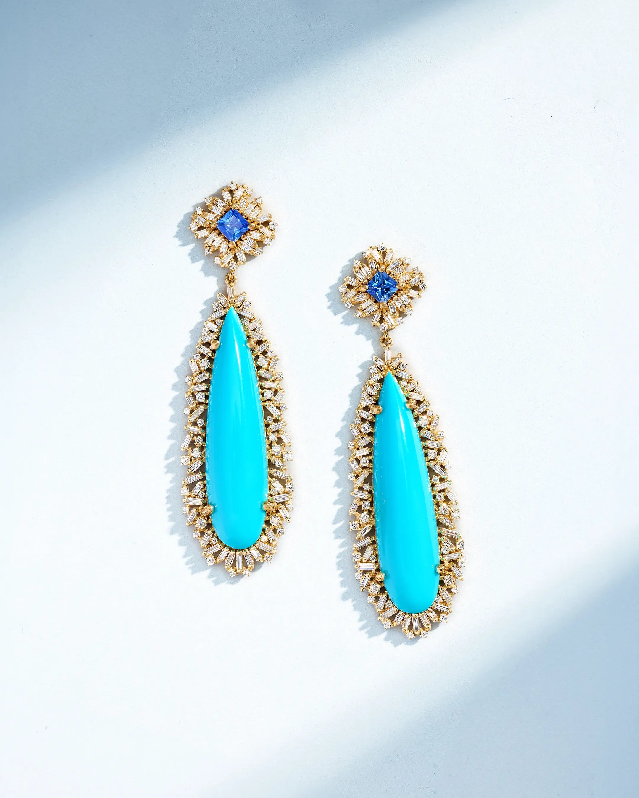 Suzanne Kalan One of a Kind Turquoise & Blue Sapphire Drop Earrings in 18k yellow gold