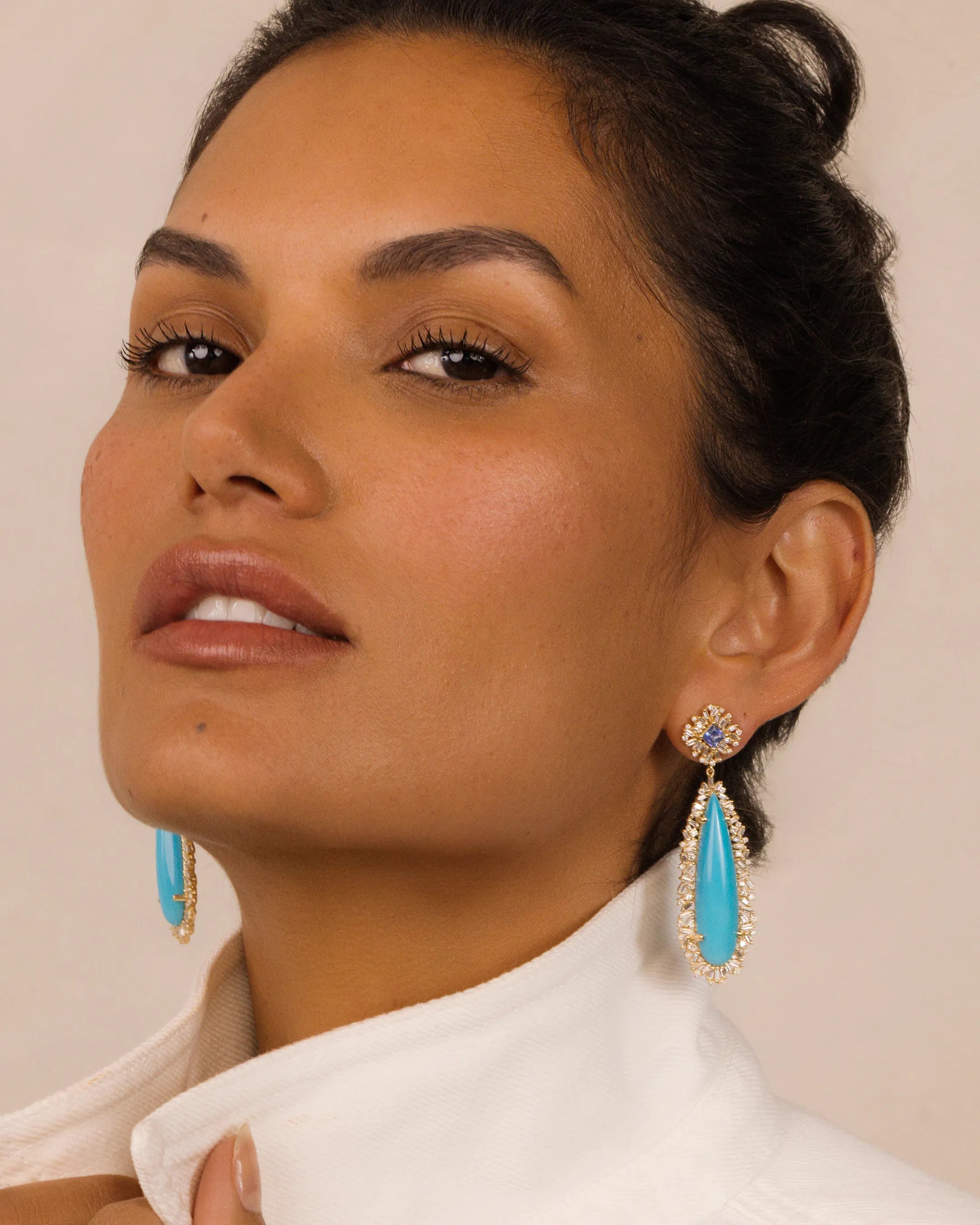 Suzanne Kalan One of a Kind Turquoise & Blue Sapphire Drop Earrings in 18k yellow gold