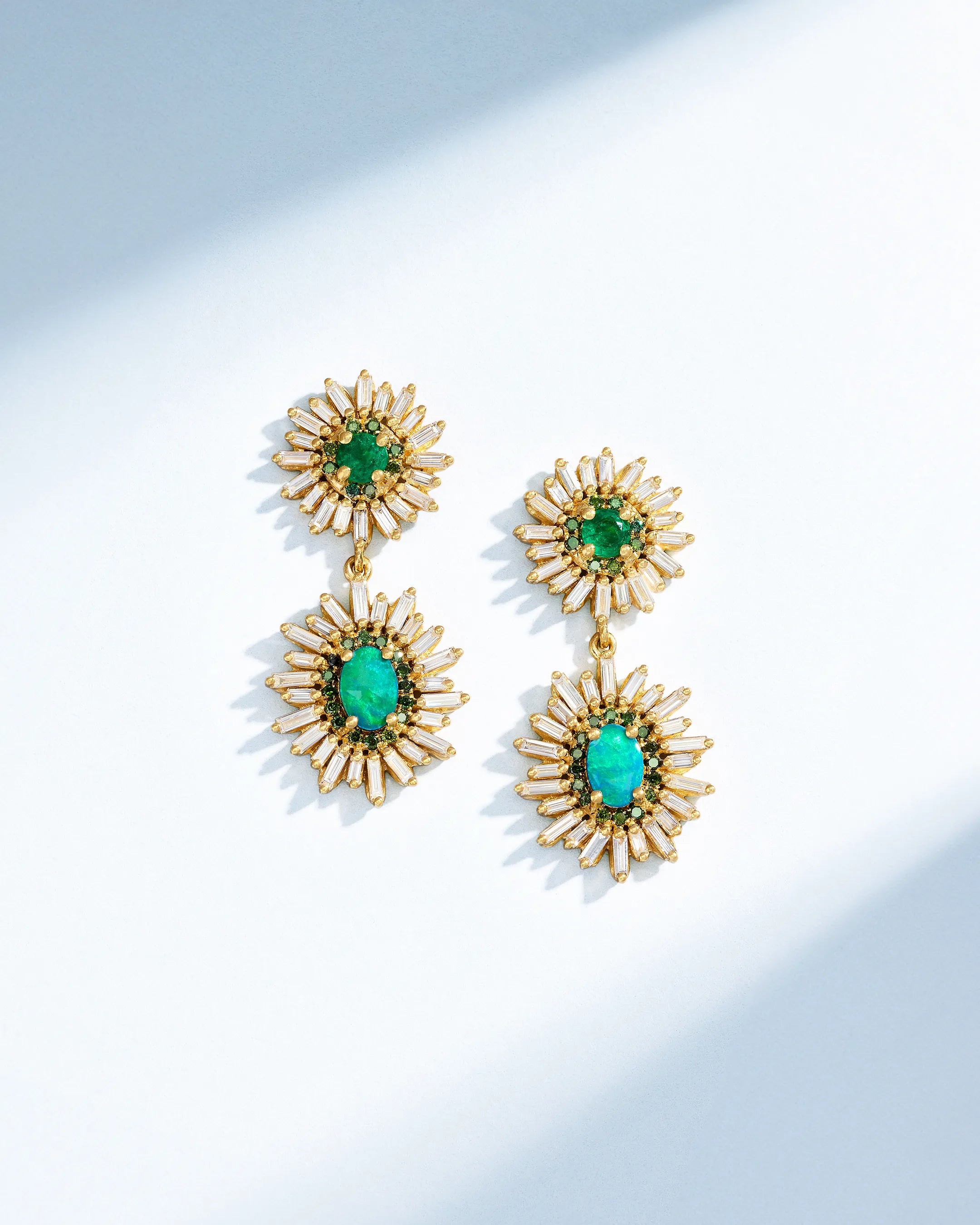 Suzanne Kalan One of a Kind Round Emerald & Oval Shape Opal Doublet Mini Drop Earrings in 18k yellow gold