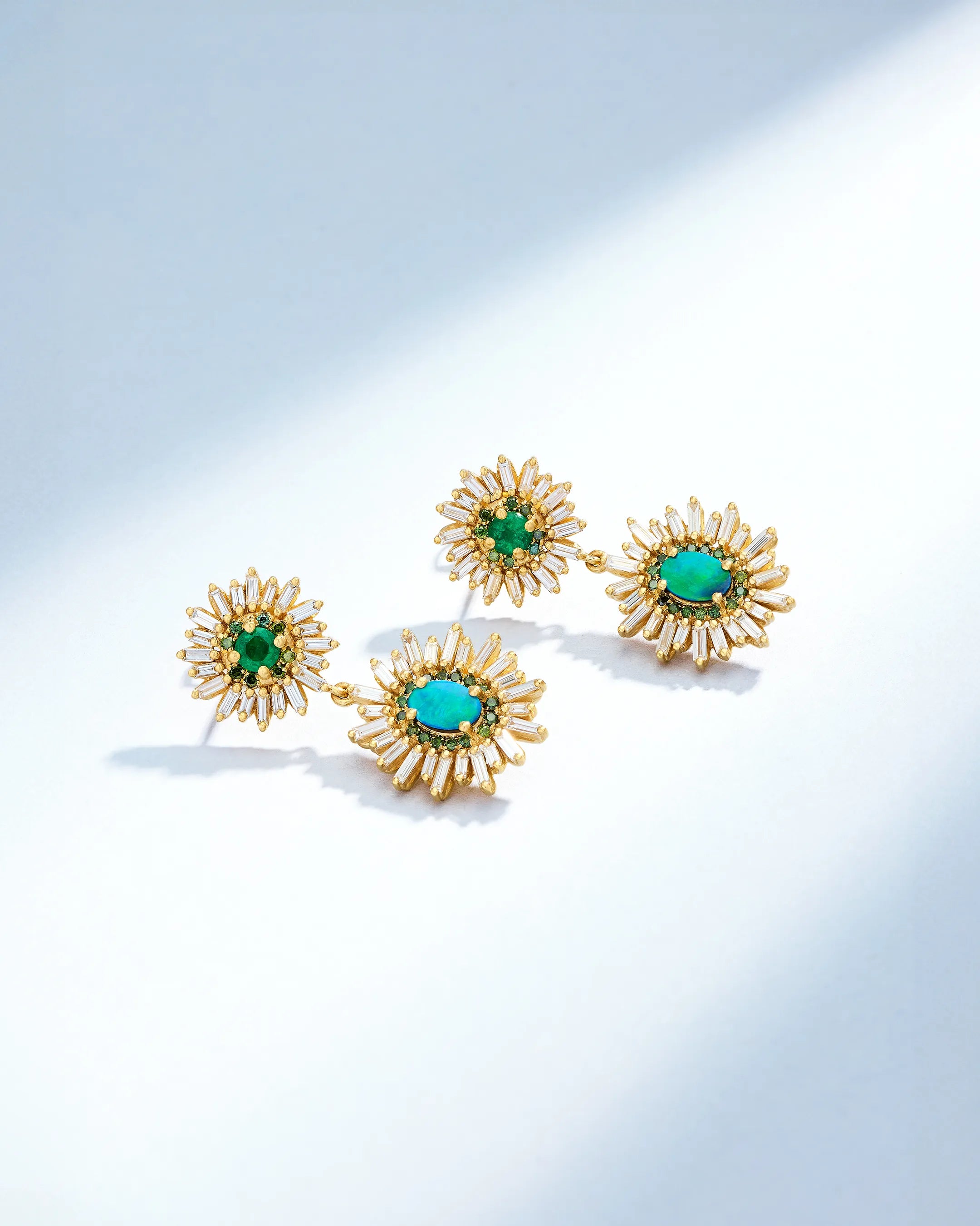 Suzanne Kalan One of a Kind Round Emerald & Oval Shape Opal Doublet Mini Drop Earrings in 18k yellow gold