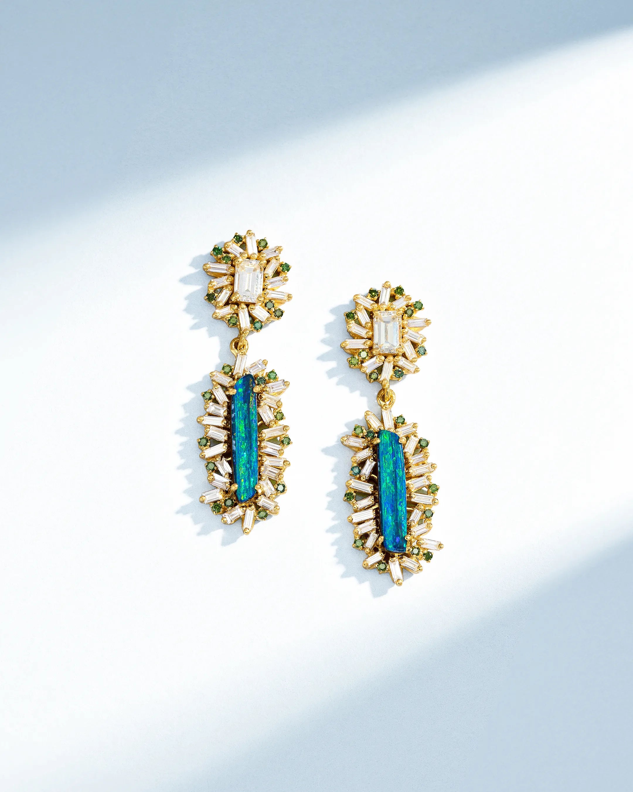 Suzanne Kalan One of a Kind Emerald-Cut White Diamond & Elongated Opal Doublet Mini Drop Earrings in 18k yellow gold