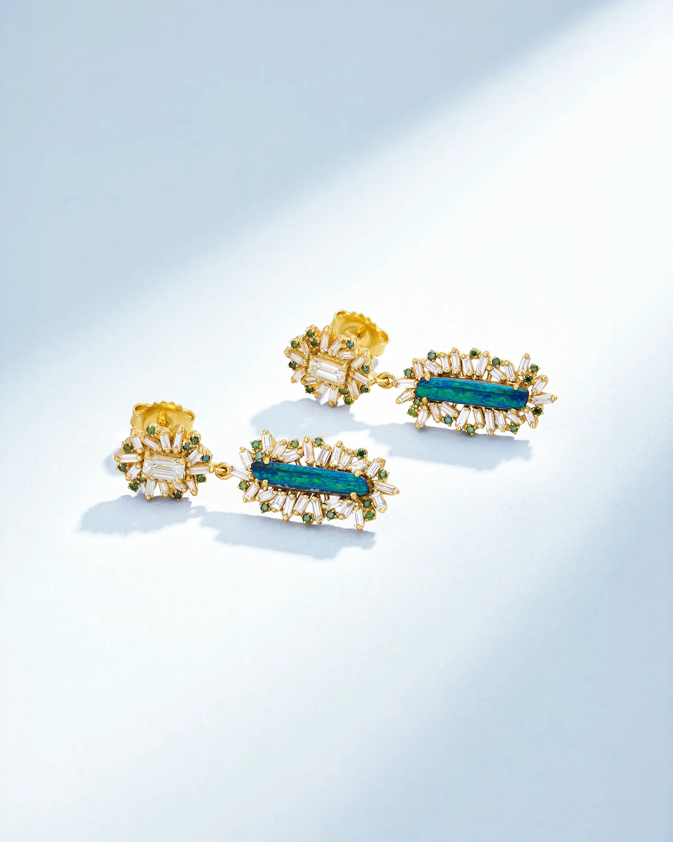 Suzanne Kalan One of a Kind Emerald-Cut White Diamond & Elongated Opal Doublet Mini Drop Earrings in 18k yellow gold