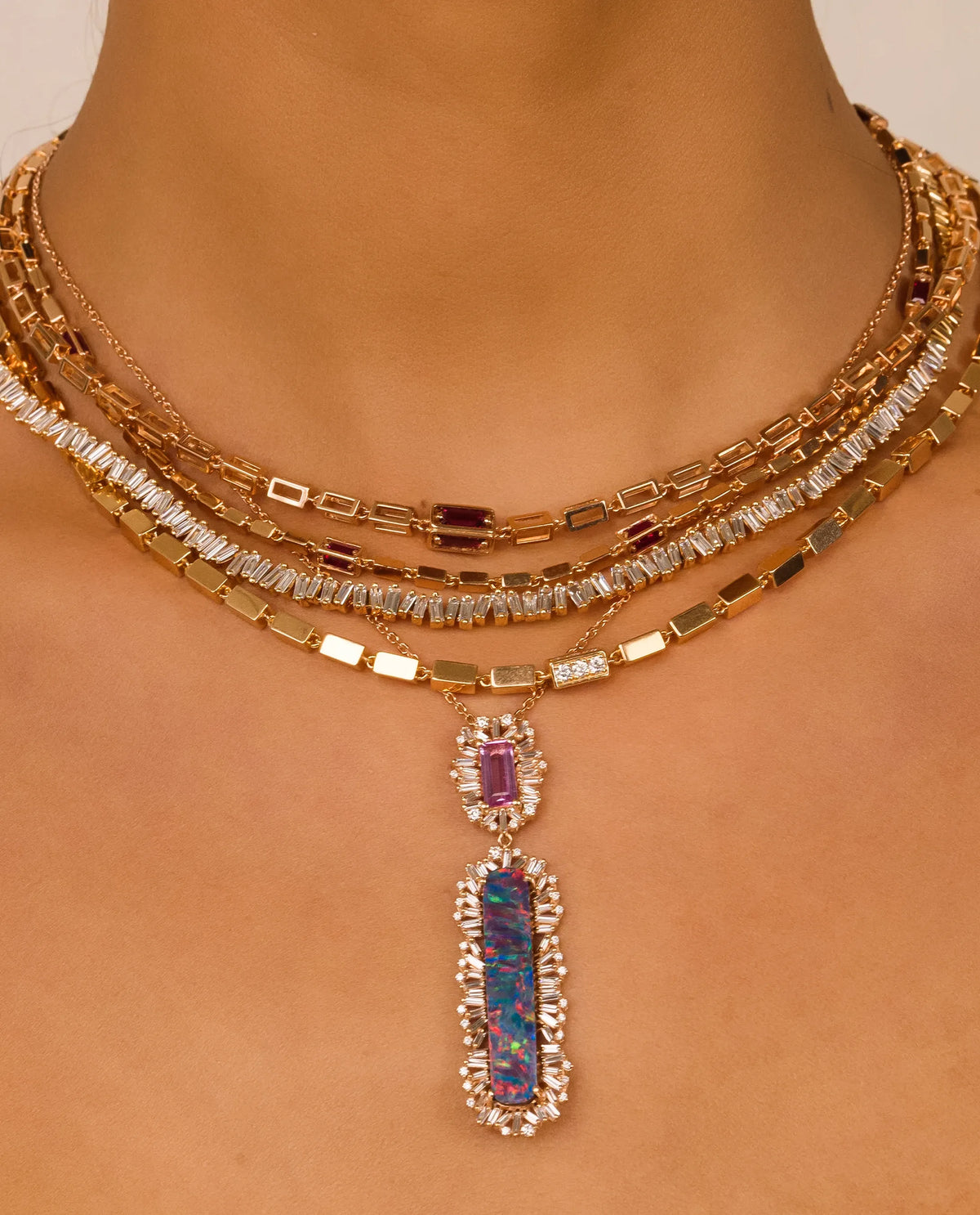 One of a Kind Rectangular Opal Doublet & Pink Sapphire Drop Pendant