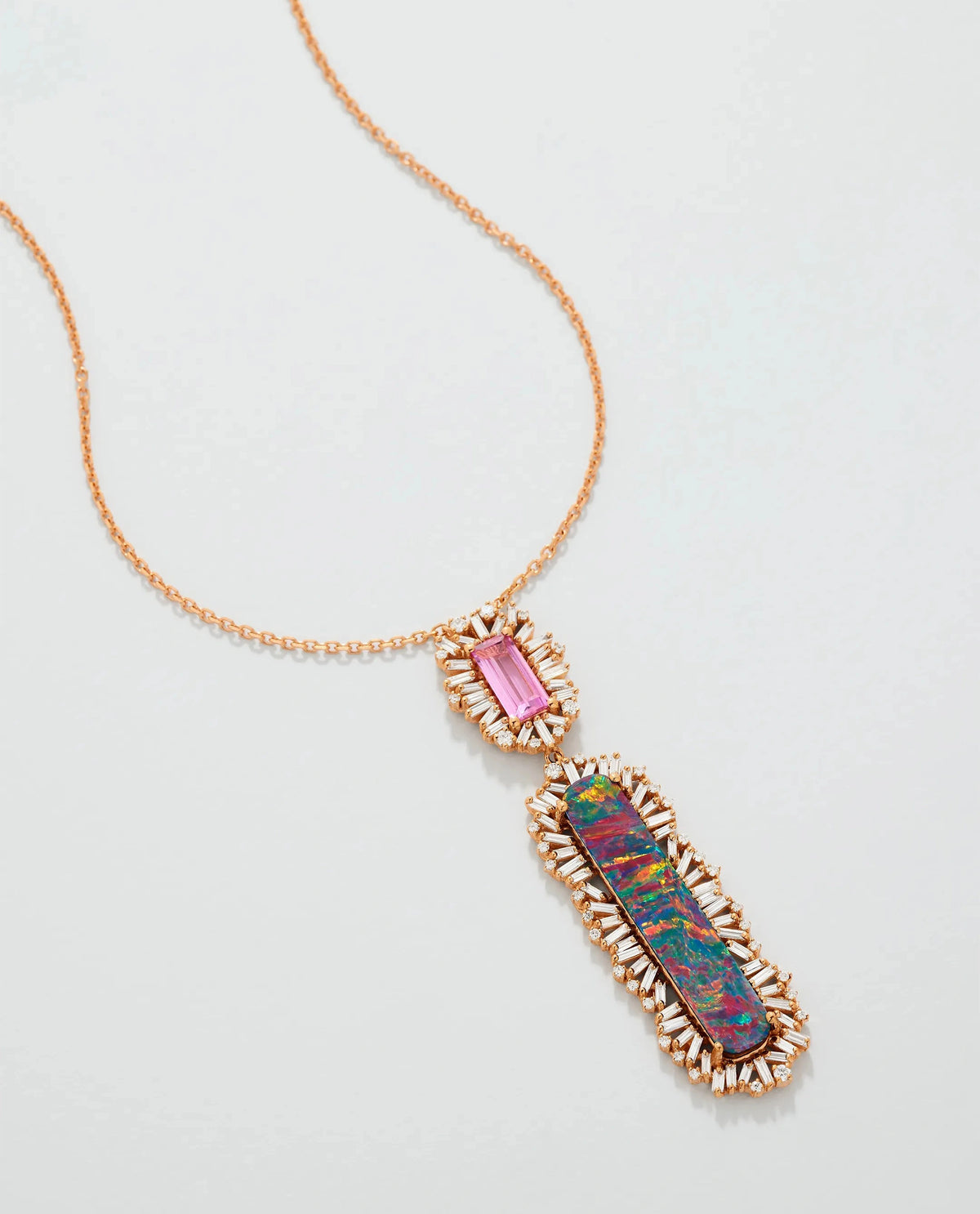 Suzanne Kalan One of a Kind Rectangular Opal Doublet & Pink Sapphire Drop Pendant in 18k rose gold
