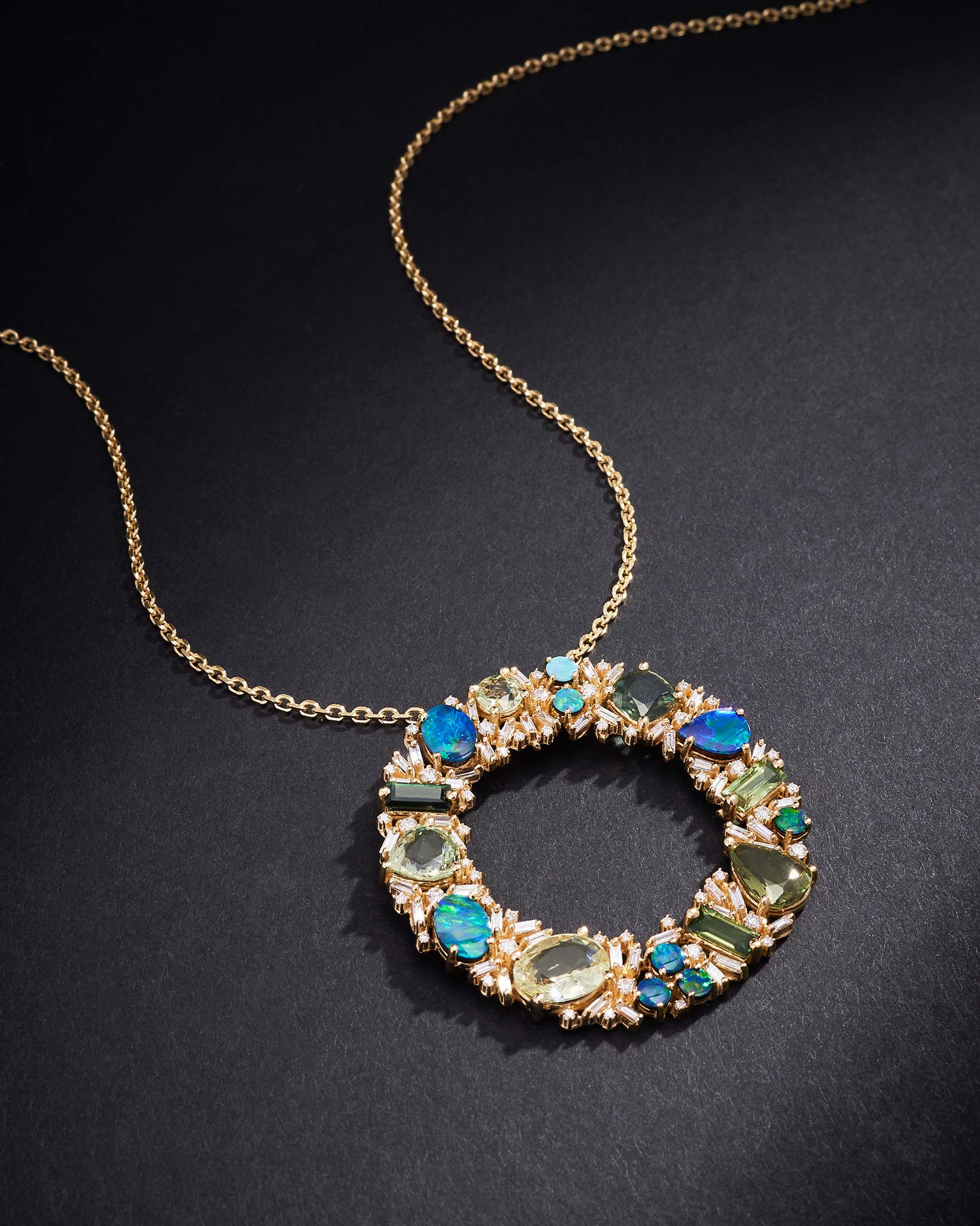Suzanne Kalan One of a Kind Opal Doublet & Green Sapphire Halo Pendant in 18k yellow gold