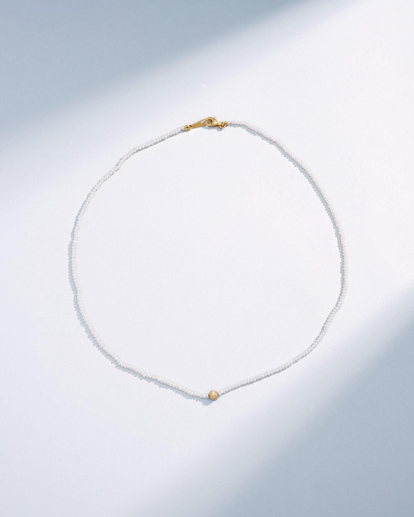 Suzanne Kalan Infinite Beaded White Pearl & Mini Pave Diamond Rondelle Necklace in 18k yellow gold