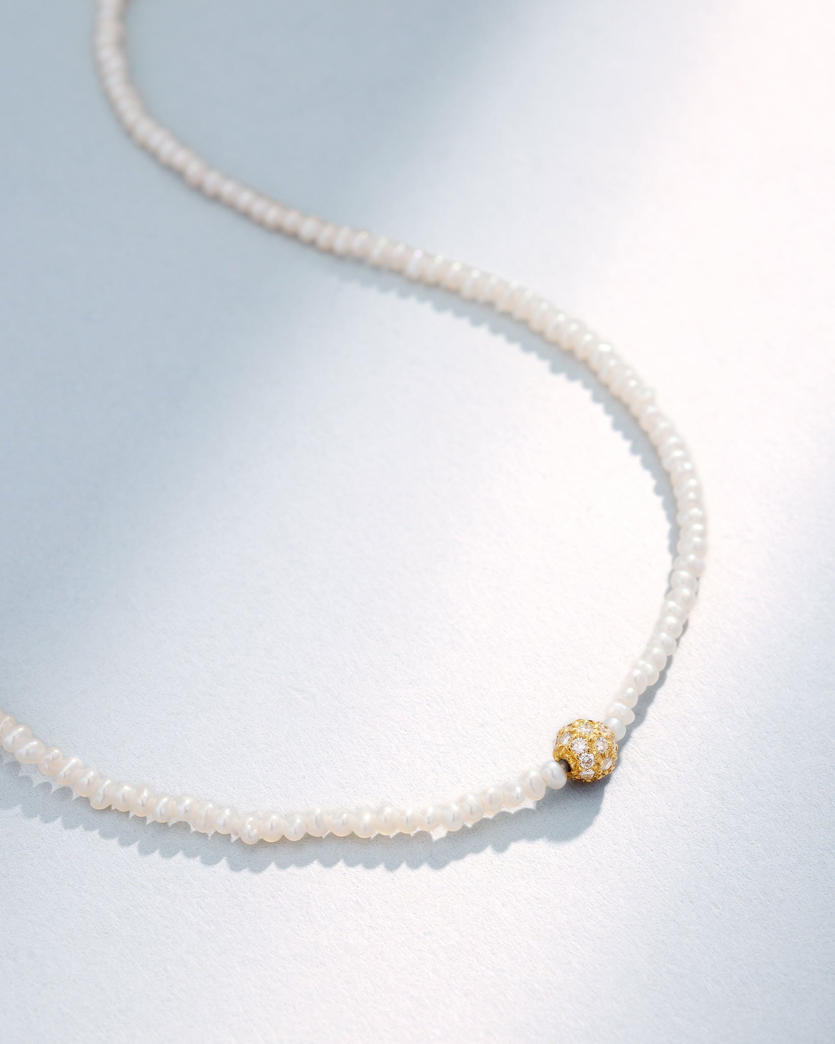Suzanne Kalan Infinite Beaded White Pearl & Mini Pave Diamond Rondelle Necklace in 18k yellow gold