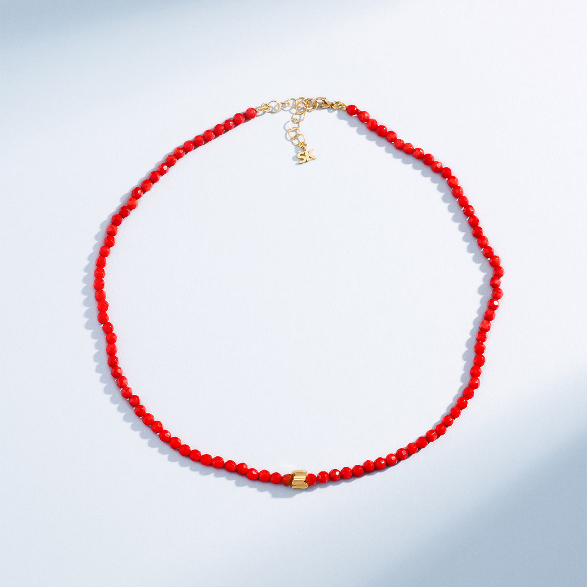 Infinite Beaded Round Red Coral & Mini Golden Rondelle Necklace 