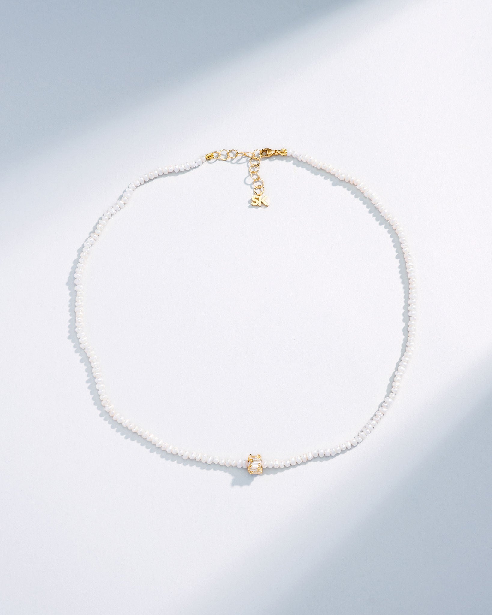 Suzanne Kalan Infinite Beaded White Pearl & Mini Diamond Rondelle Necklace in 18k yellow gold