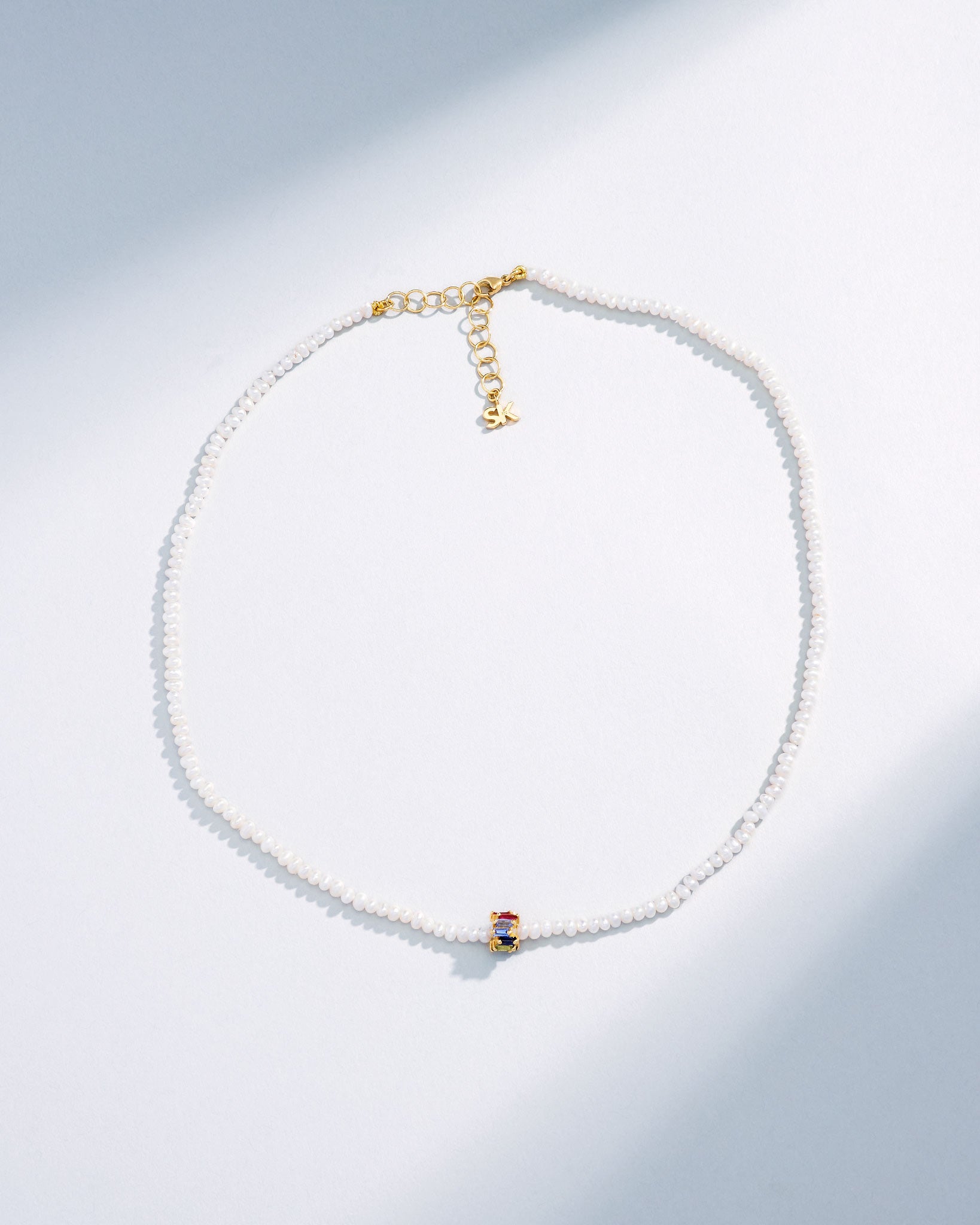 Suzanne Kalan Infinite Beaded White Pearl & Mini Rainbow Sapphire Rondelle Necklace in 18k yellow gold