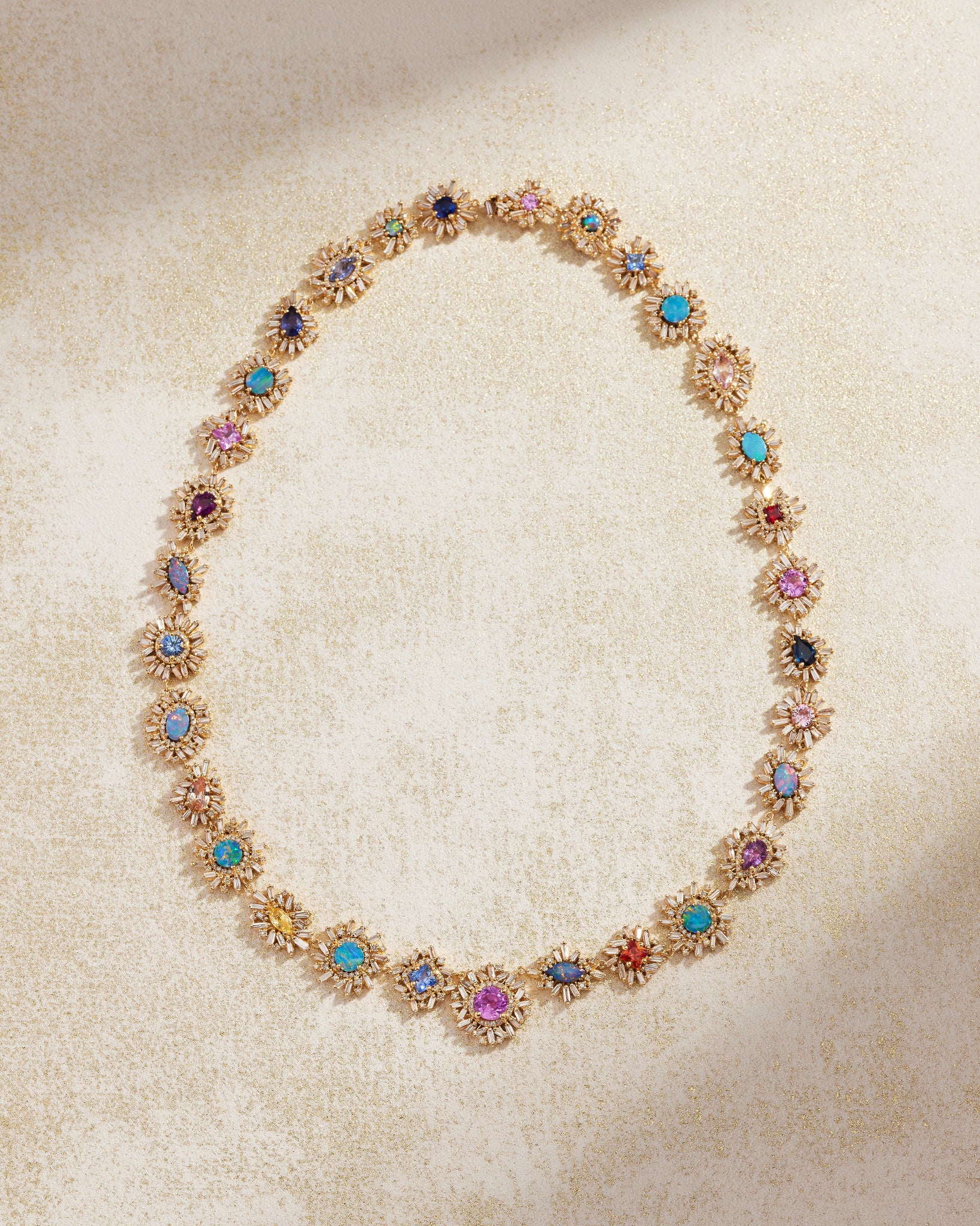 Suzanne Kalan One of a Kind Opal & Sapphire Flower Riviere Necklace in 18k yellow gold