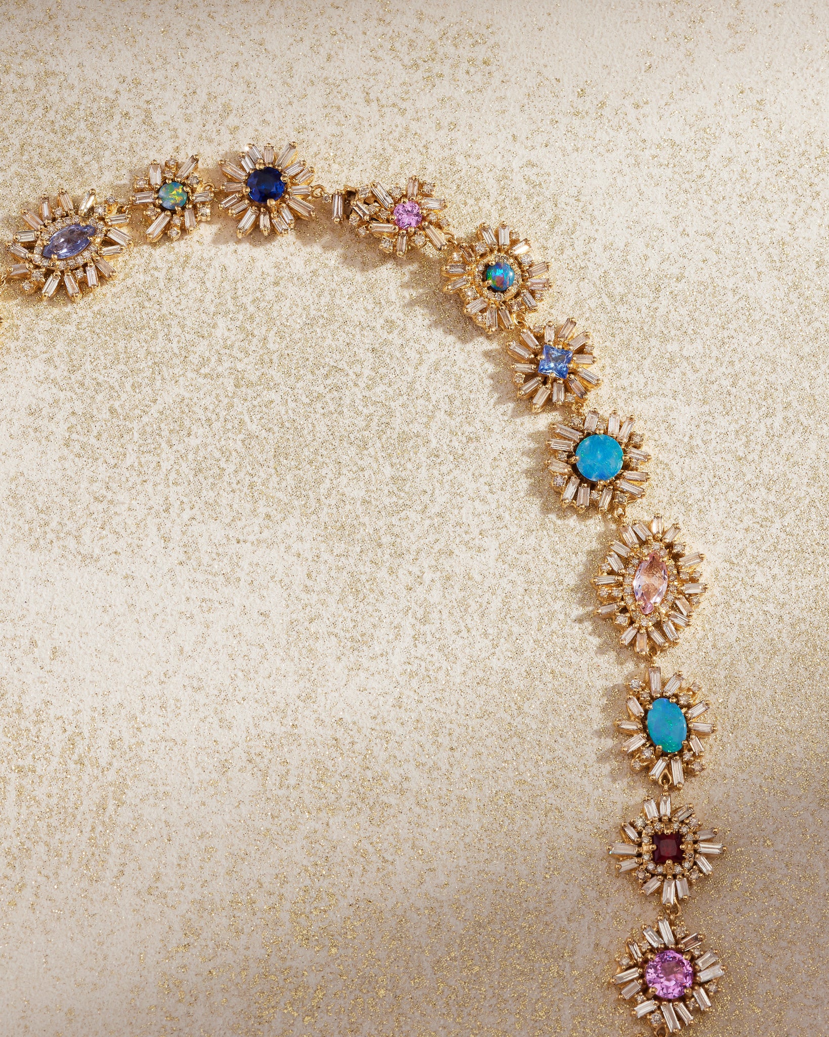 Suzanne Kalan One of a Kind Opal & Sapphire Flower Riviere Necklace in 18k yellow gold