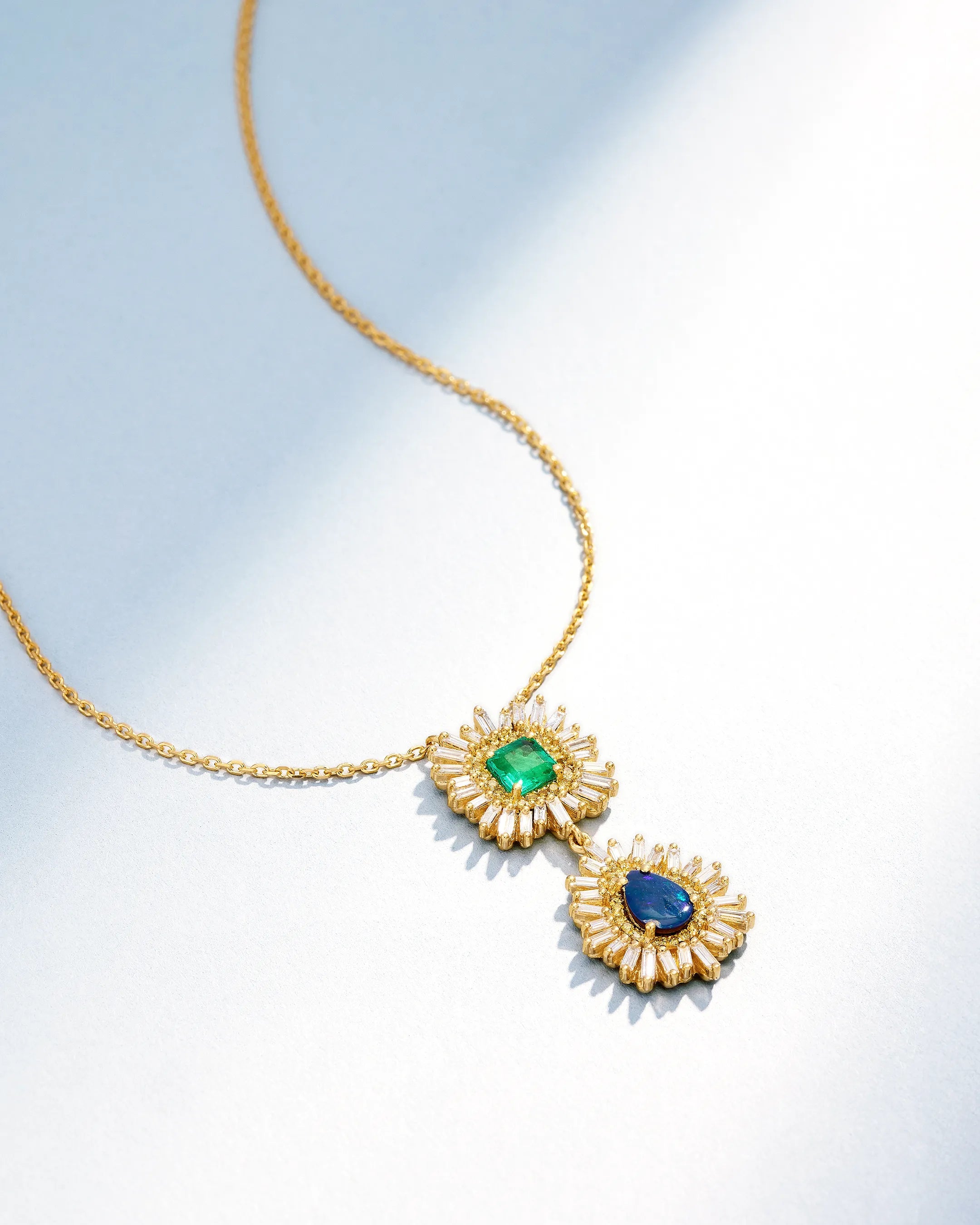 Suzanne Kalan One of a Kind Asscher-Cut Emerald & Pear Shape Opal Doublet Drop Pendant in 18k yellow gold