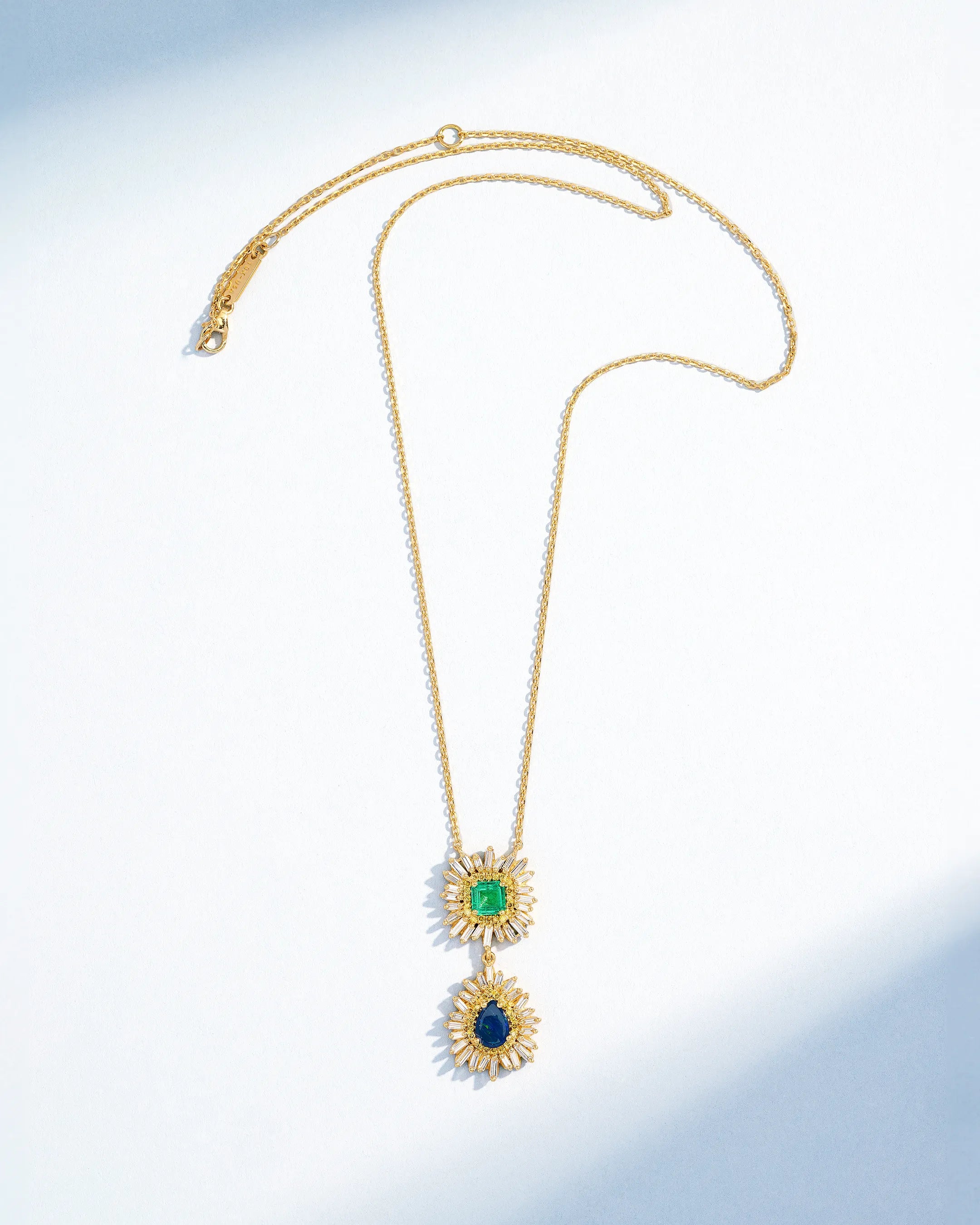 Suzanne Kalan One of a Kind Asscher-Cut Emerald & Pear Shape Opal Doublet Drop Pendant in 18k yellow gold
