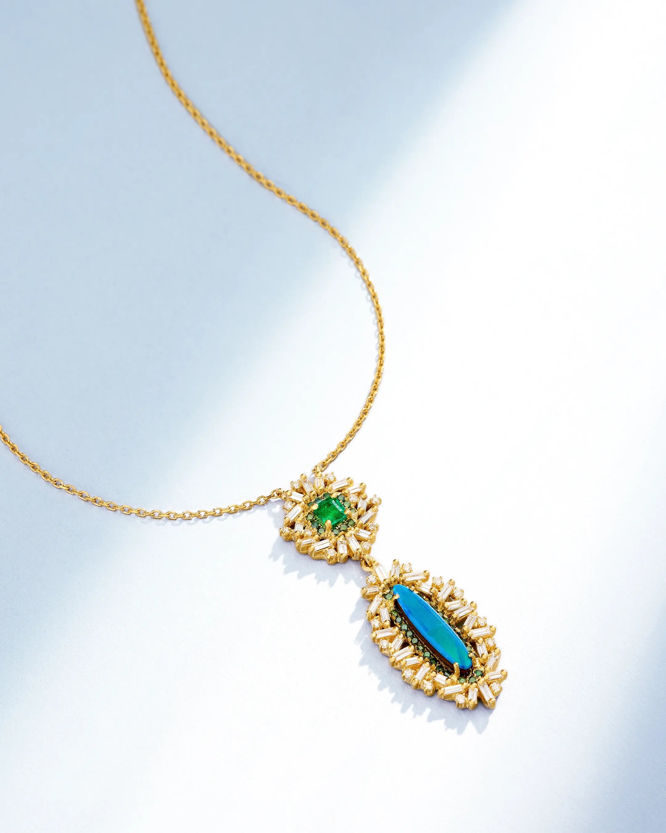 Suzanne Kalan One of a Kind Asscher-Cut Emerald & Elongated Oval Shape Opal Doublet Drop Pendant in 18k yellow gold
