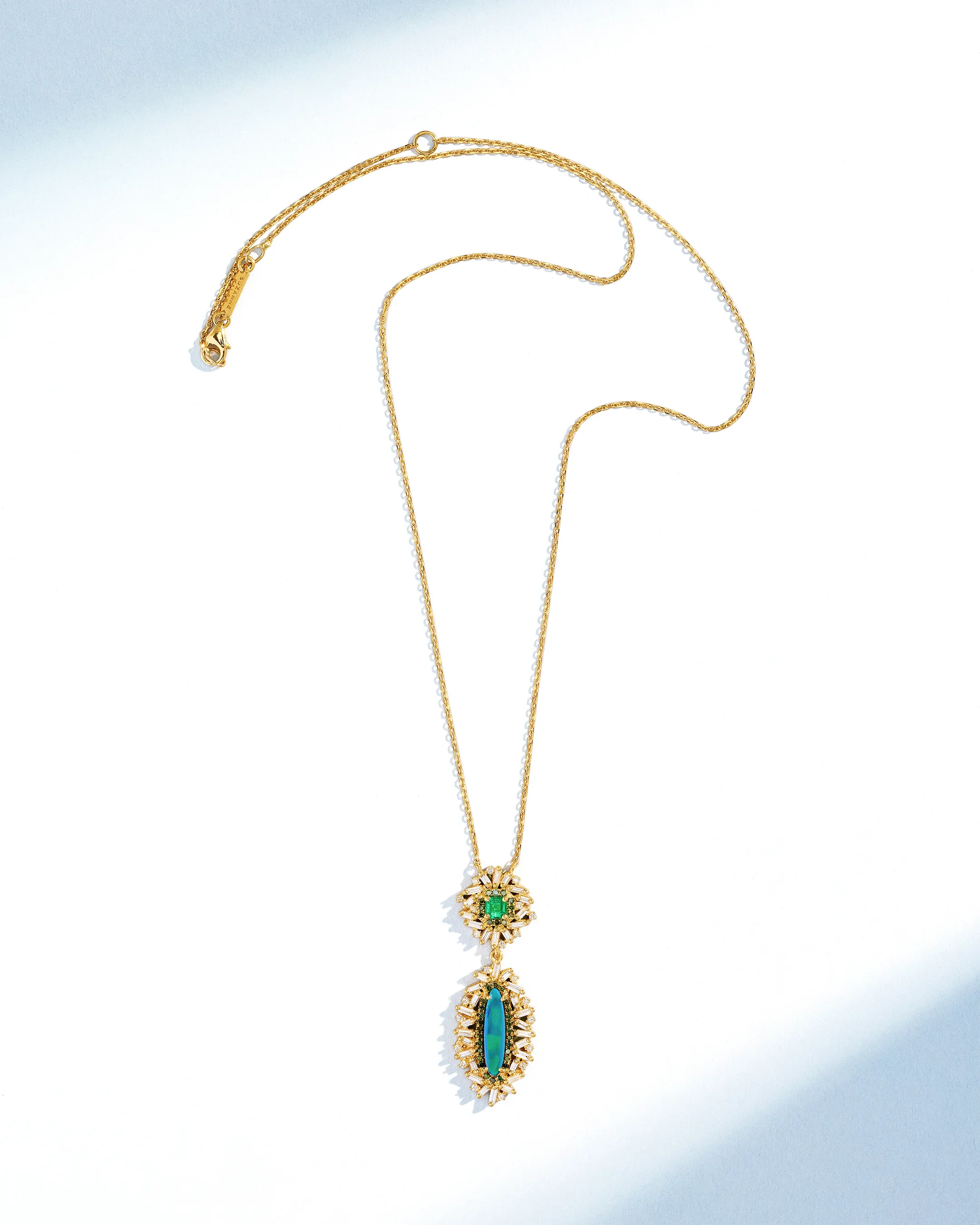 Suzanne Kalan One of a Kind Asscher-Cut Emerald & Elongated Oval Shape Opal Doublet Drop Pendant in 18k yellow gold