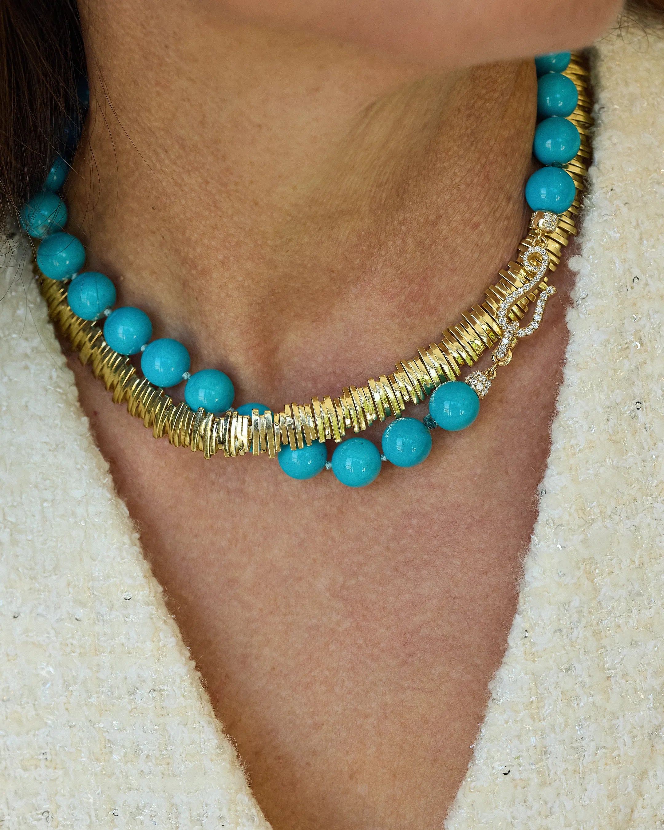 Suzanne Kalan Infinite Large Beaded Turquoise & Milli Diamond Rondelle Necklace in 18k yellow gold
