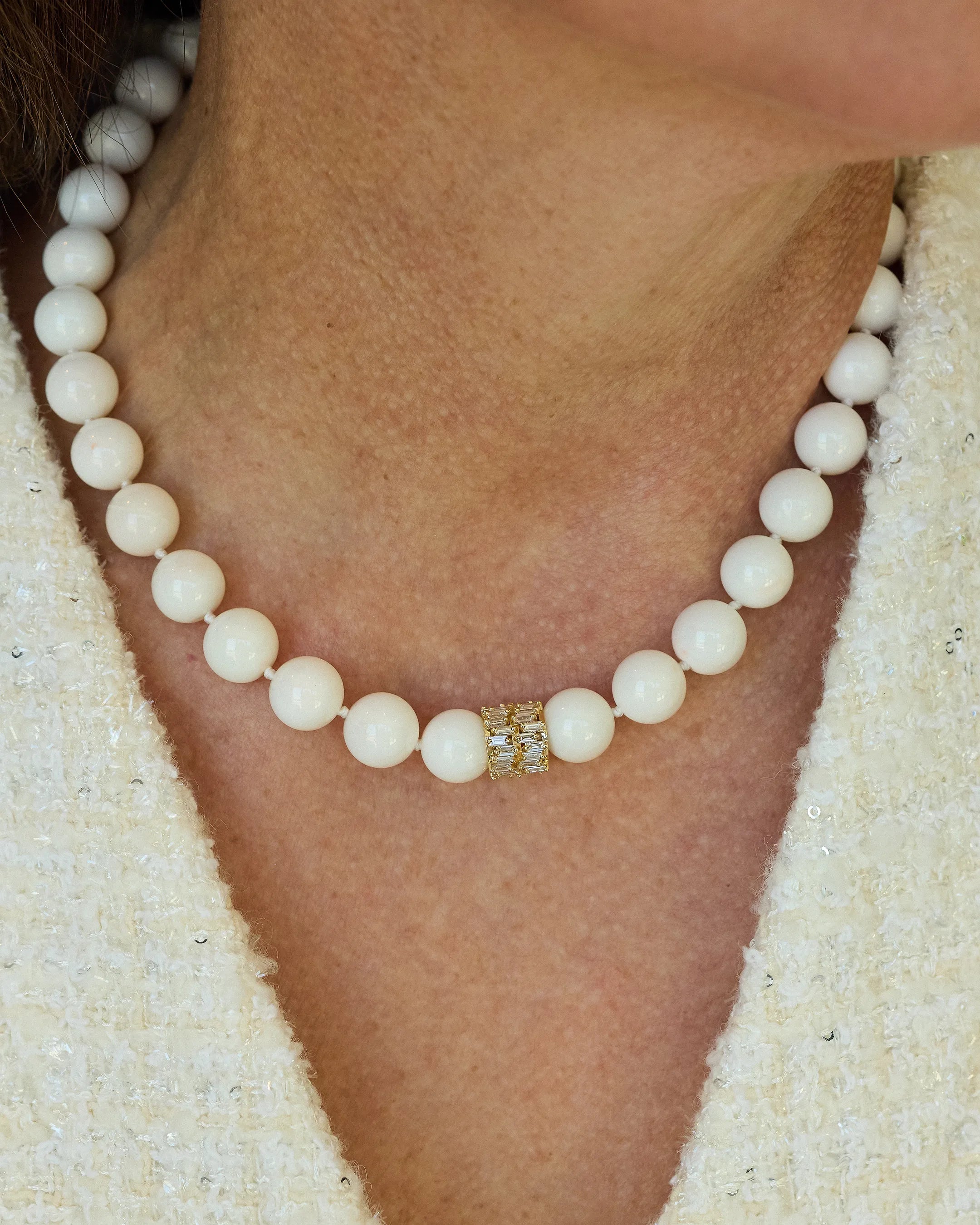 Suzanne Kalan Infinite Large Beaded White Coral & Midi Diamond Rondelle Necklace in 18k yellow gold
