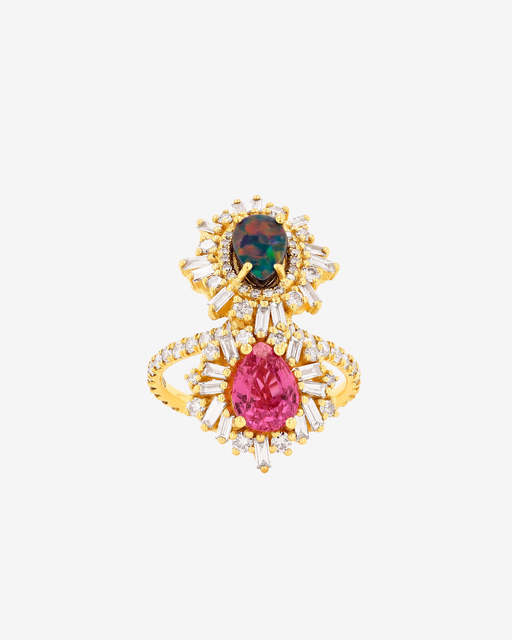 Suzanne Kalan One of a Kind Opal Doublet & Pink Sapphire Tear Drop Ring in 18k yellow gold