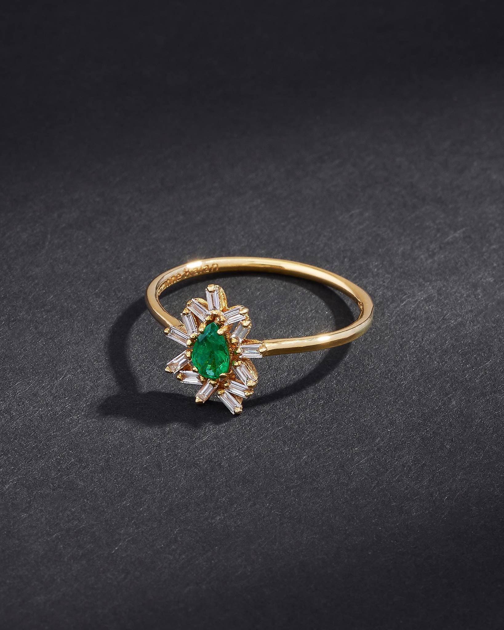Suzanne Kalan One of a Kind Pear Shaped Emerald and Baguette Diamond Ring in 18k yellow gold
