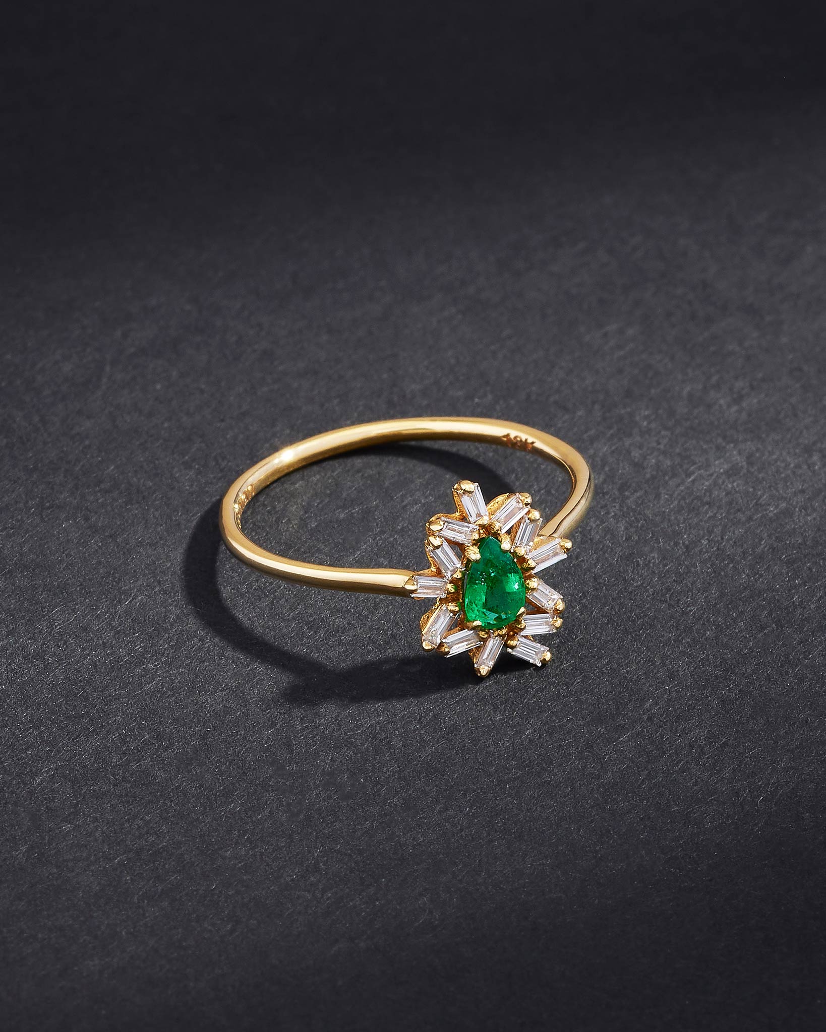 Suzanne Kalan One of a Kind Pear Shaped Emerald and Baguette Diamond Ring in 18k yellow gold