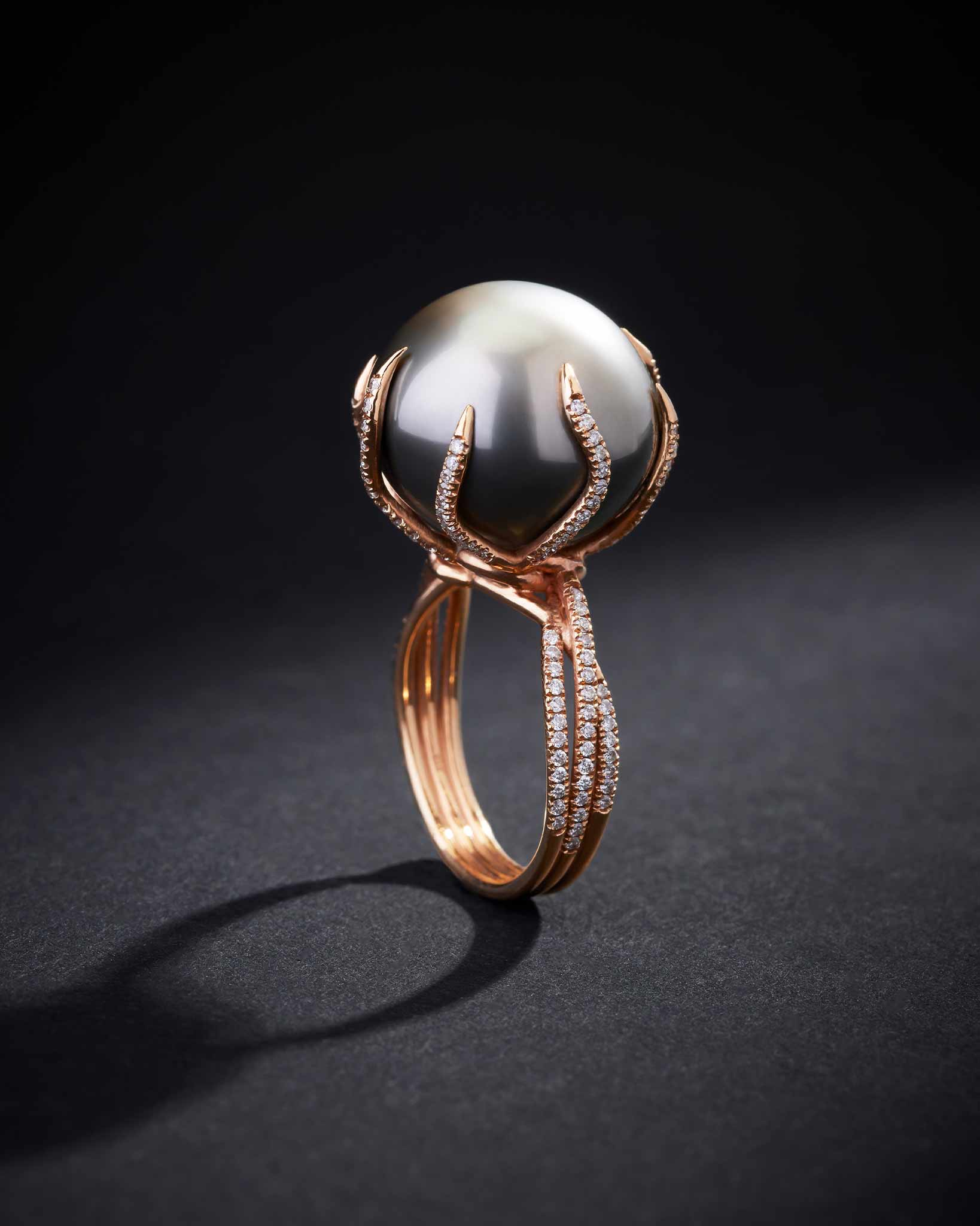 Suzanne Kalan One of a Kind Cultured Pearl Enchanted Ring with Round Diamonds in 18k rose gold